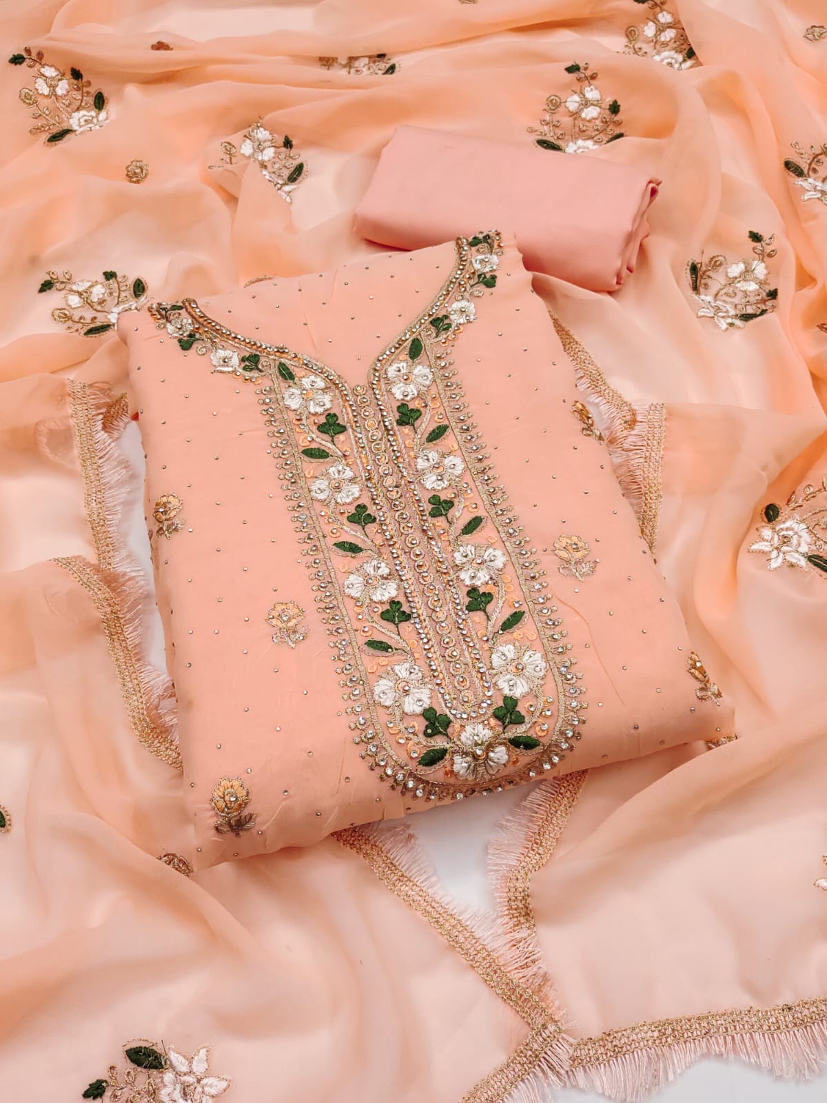 Embroidered Suit Set with Diamond Work & Lace Border Dupatta