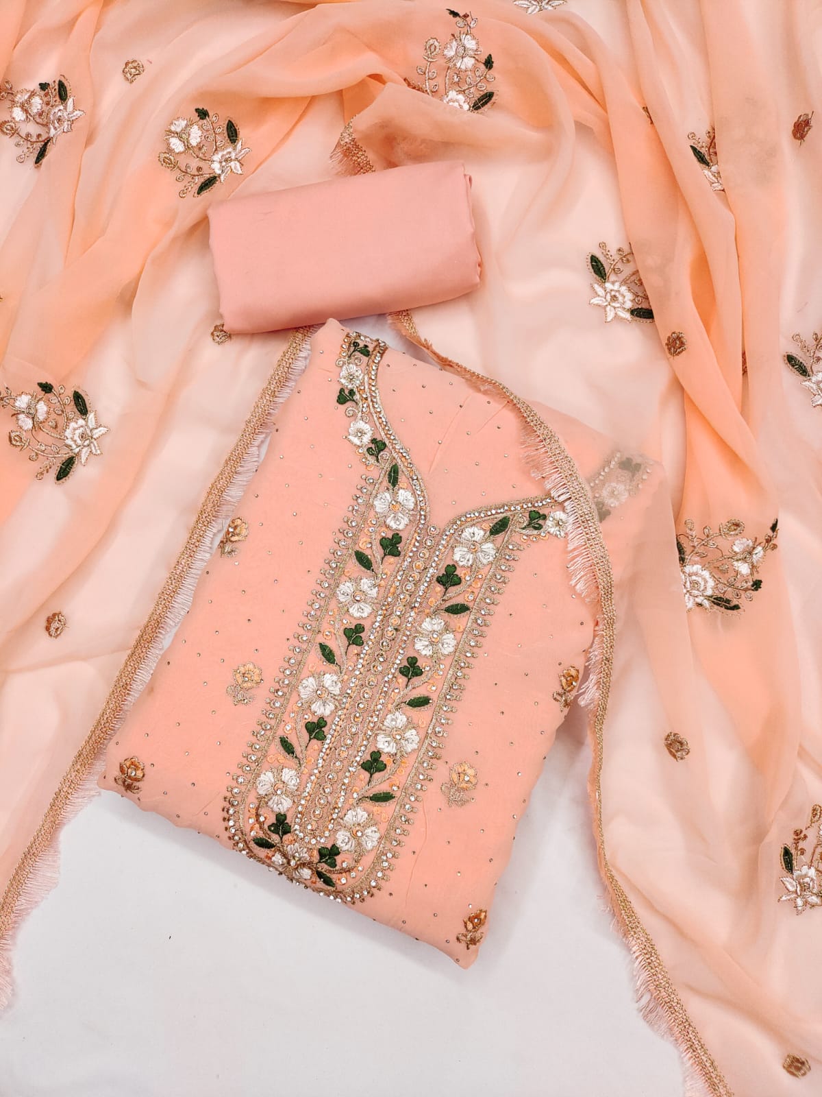 Embroidered Suit Set with Diamond Work & Lace Border Dupatta