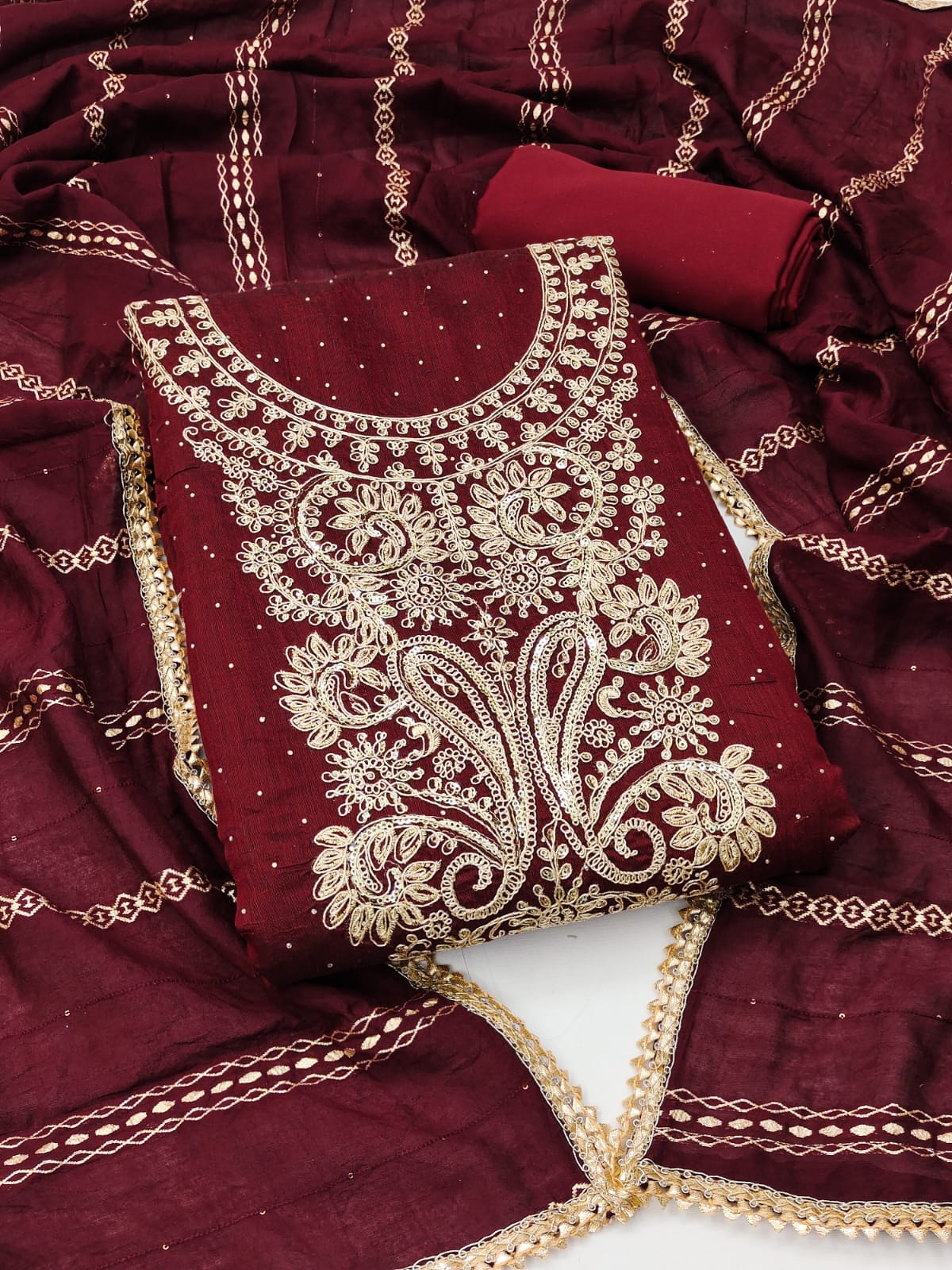 Silk Ensemble with Exquisite Embroidery and Gota Lace Detailing