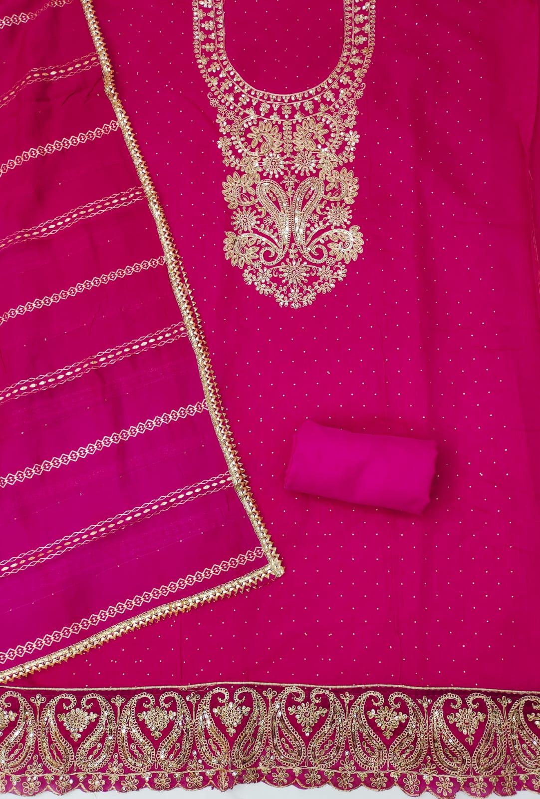 Silk Ensemble with Exquisite Embroidery and Gota Lace Detailing