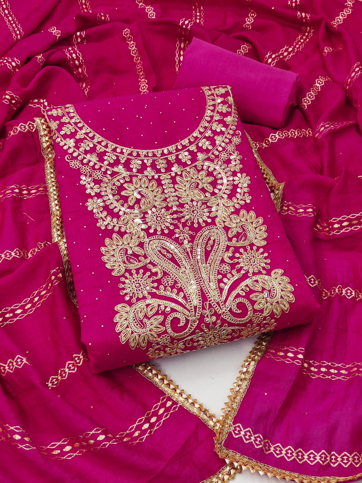 Silk Ensemble with Exquisite Embroidery and Gota Lace Detailing