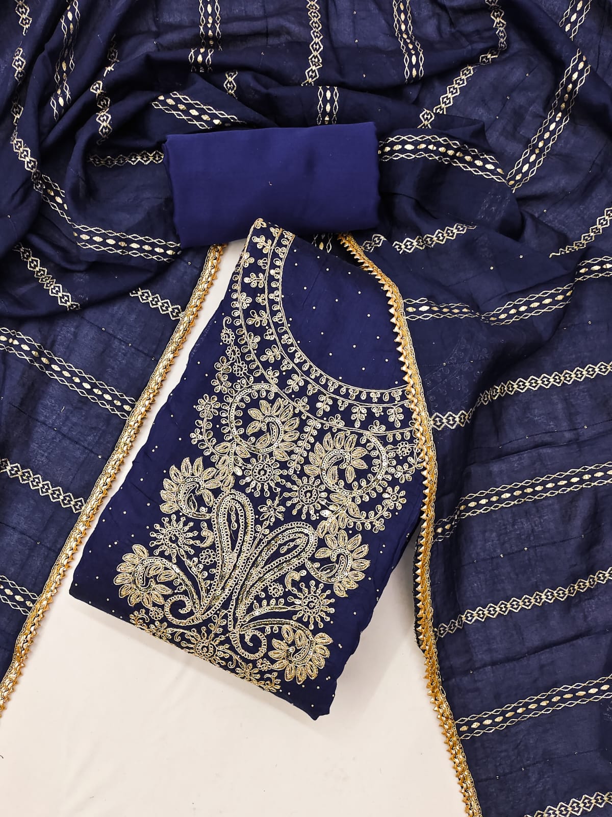 Silk Ensemble with Exquisite Embroidery and Gota Lace Detailing