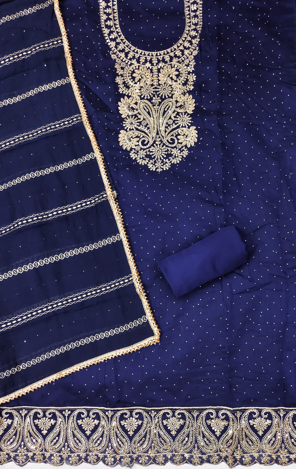 Silk Ensemble with Exquisite Embroidery and Gota Lace Detailing
