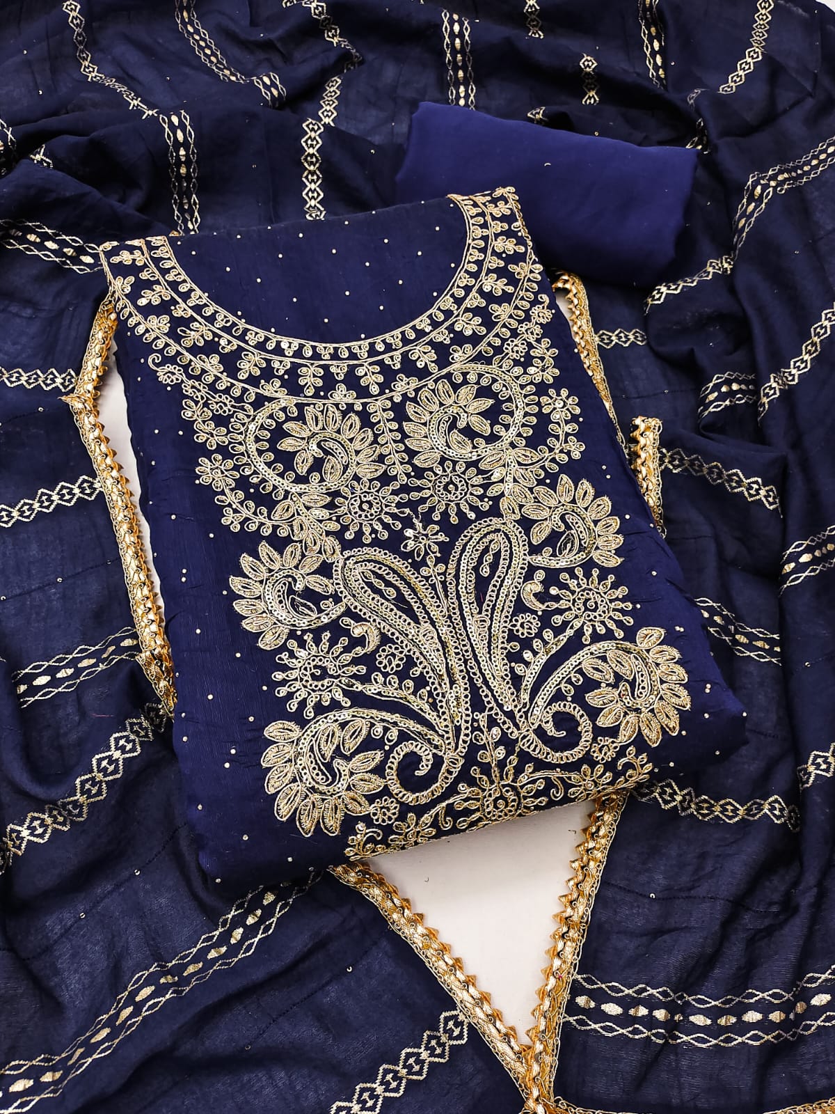 Silk Ensemble with Exquisite Embroidery and Gota Lace Detailing