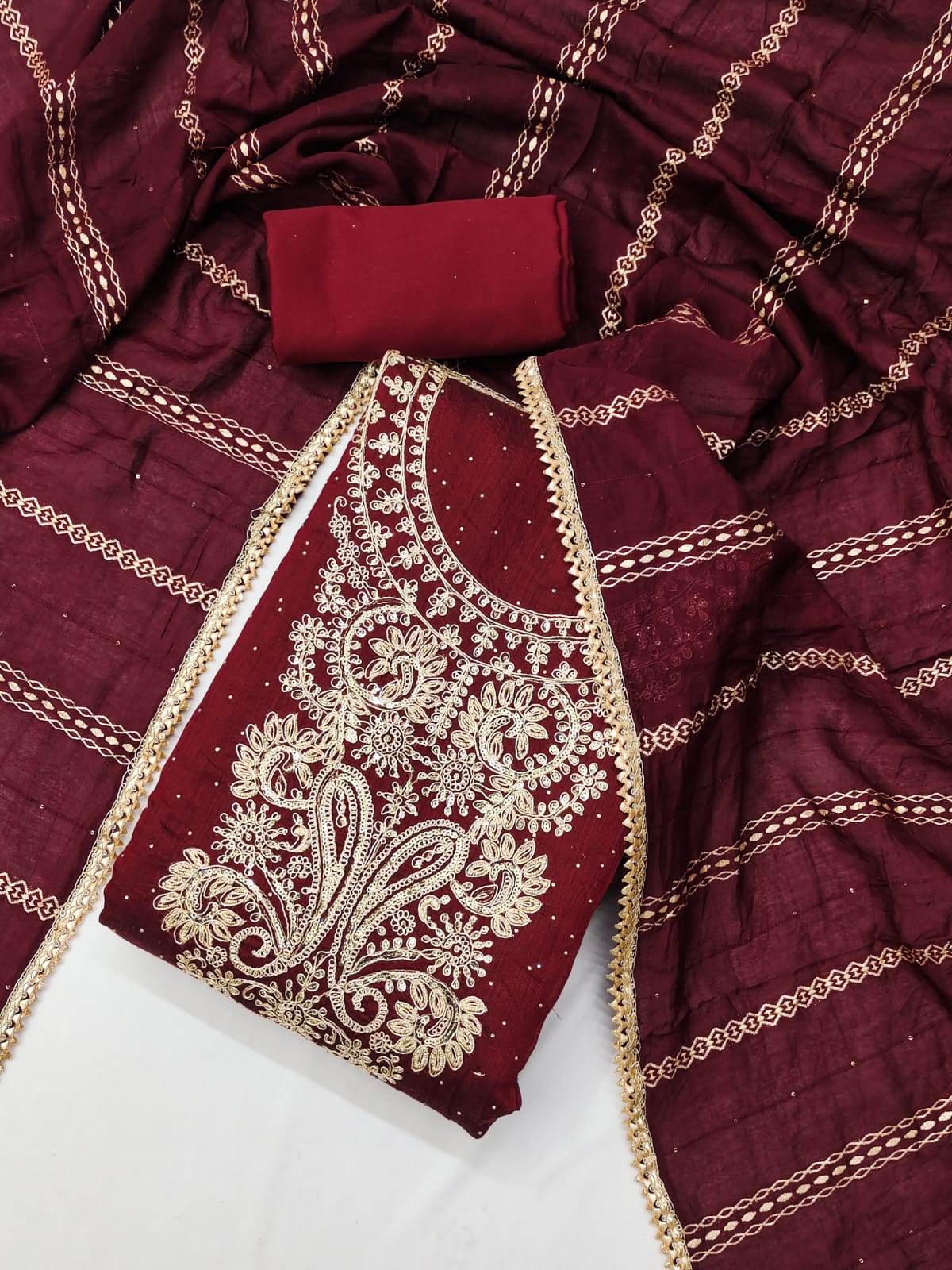 Silk Ensemble with Exquisite Embroidery and Gota Lace Detailing
