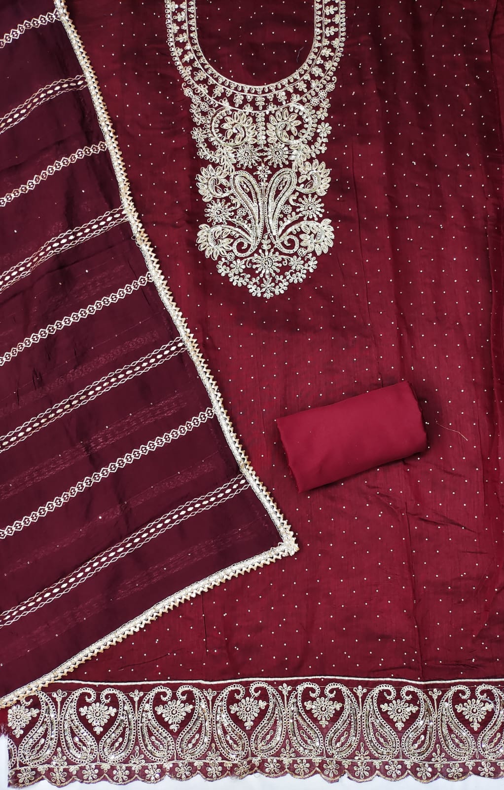 Silk Ensemble with Exquisite Embroidery and Gota Lace Detailing