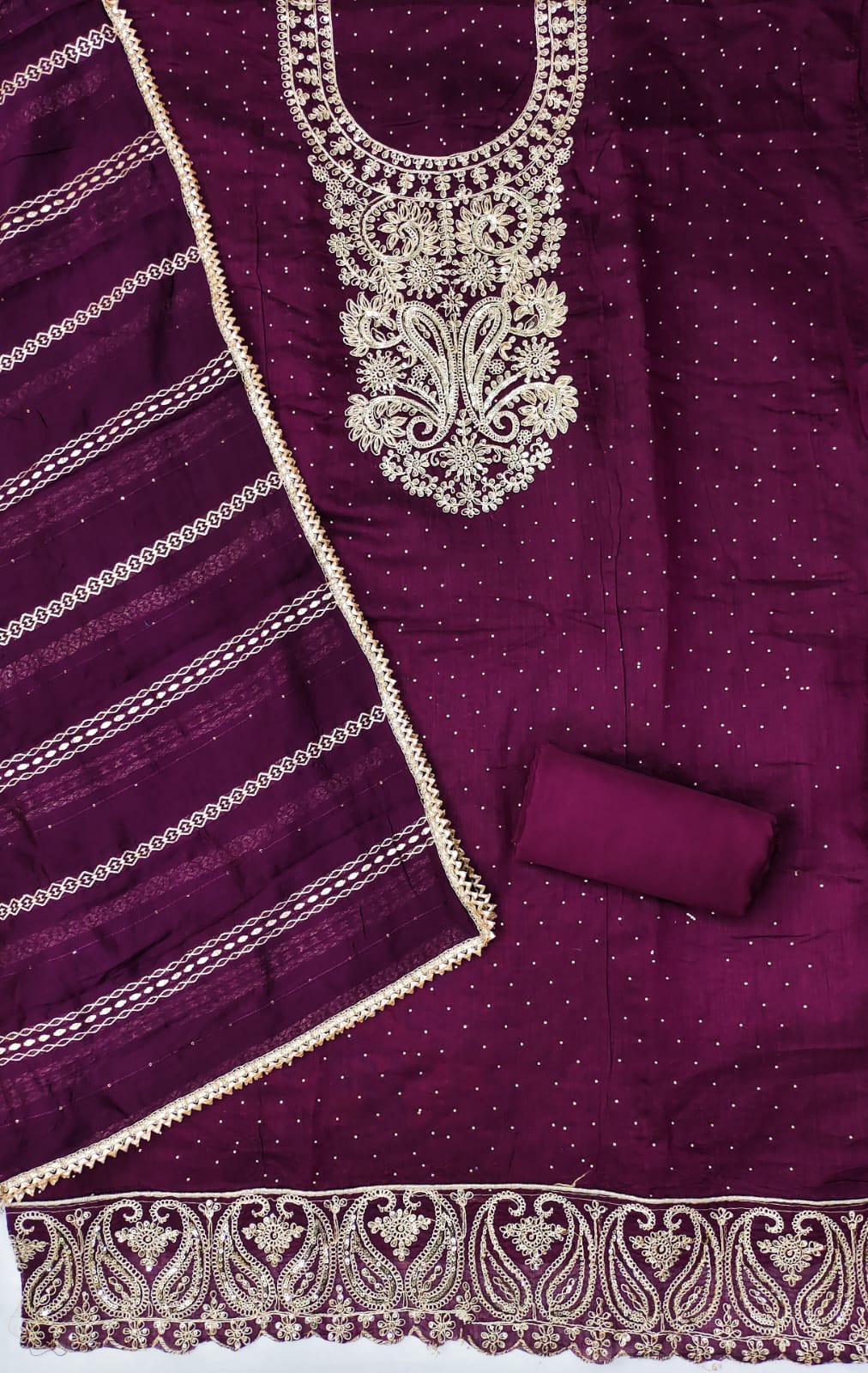 Silk Ensemble with Exquisite Embroidery and Gota Lace Detailing