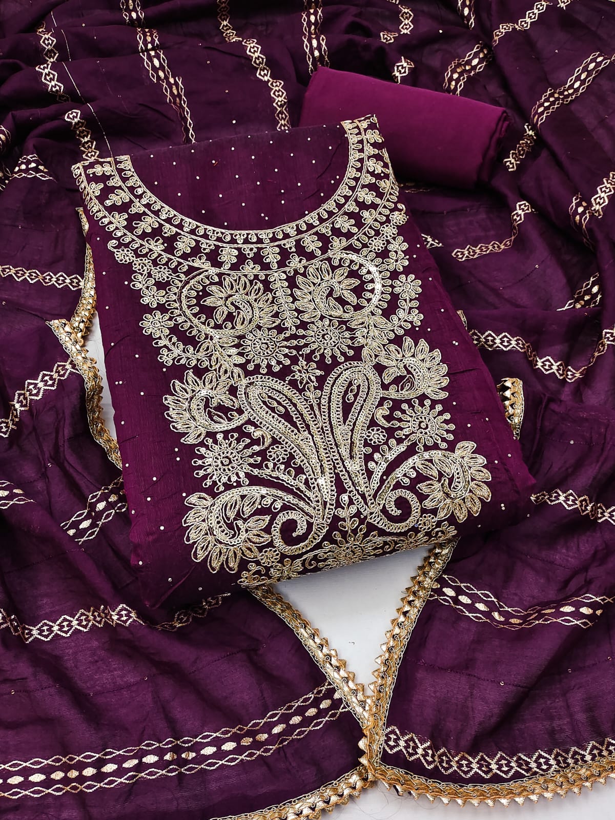 Silk Ensemble with Exquisite Embroidery and Gota Lace Detailing