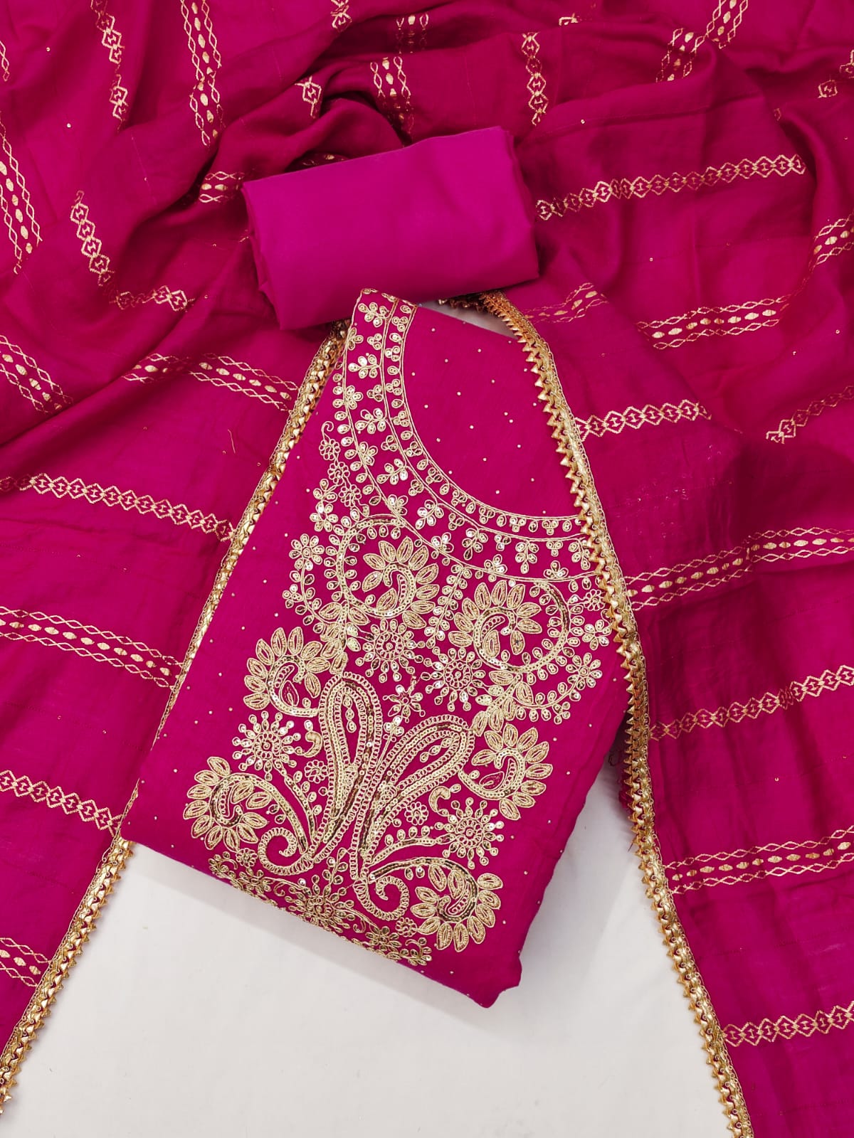 Silk Ensemble with Exquisite Embroidery and Gota Lace Detailing