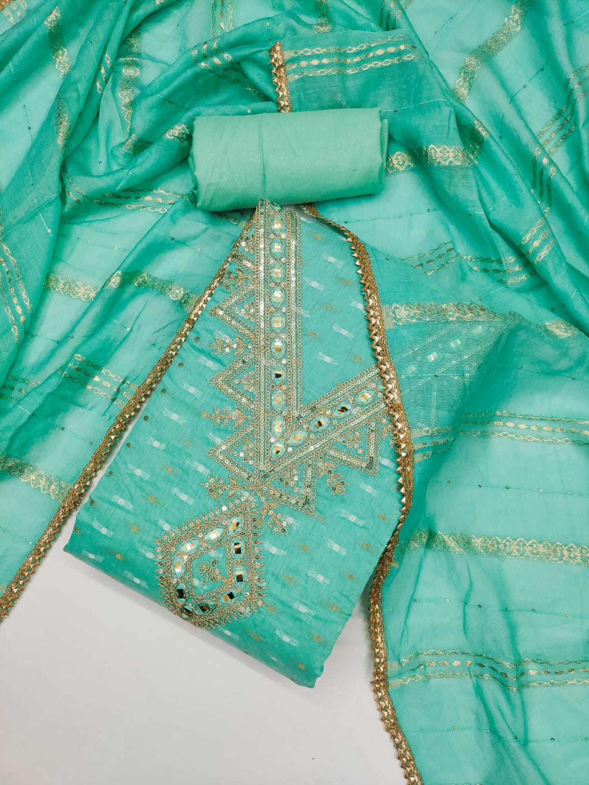 Silk Embroidered Suit Set with Gota Work and Dyeable Dupatta