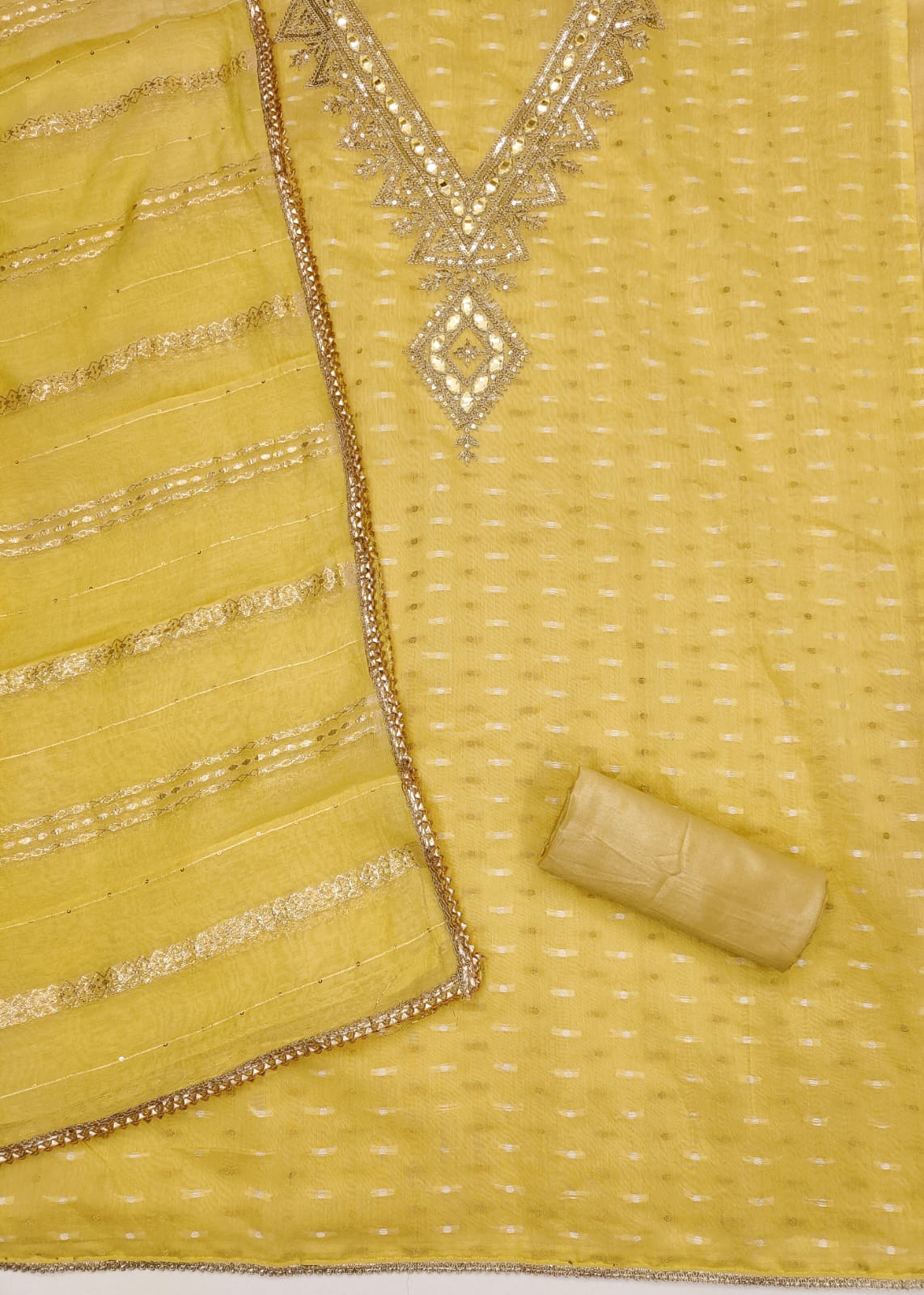 Silk Embroidered Suit Set with Gota Work and Dyeable Dupatta