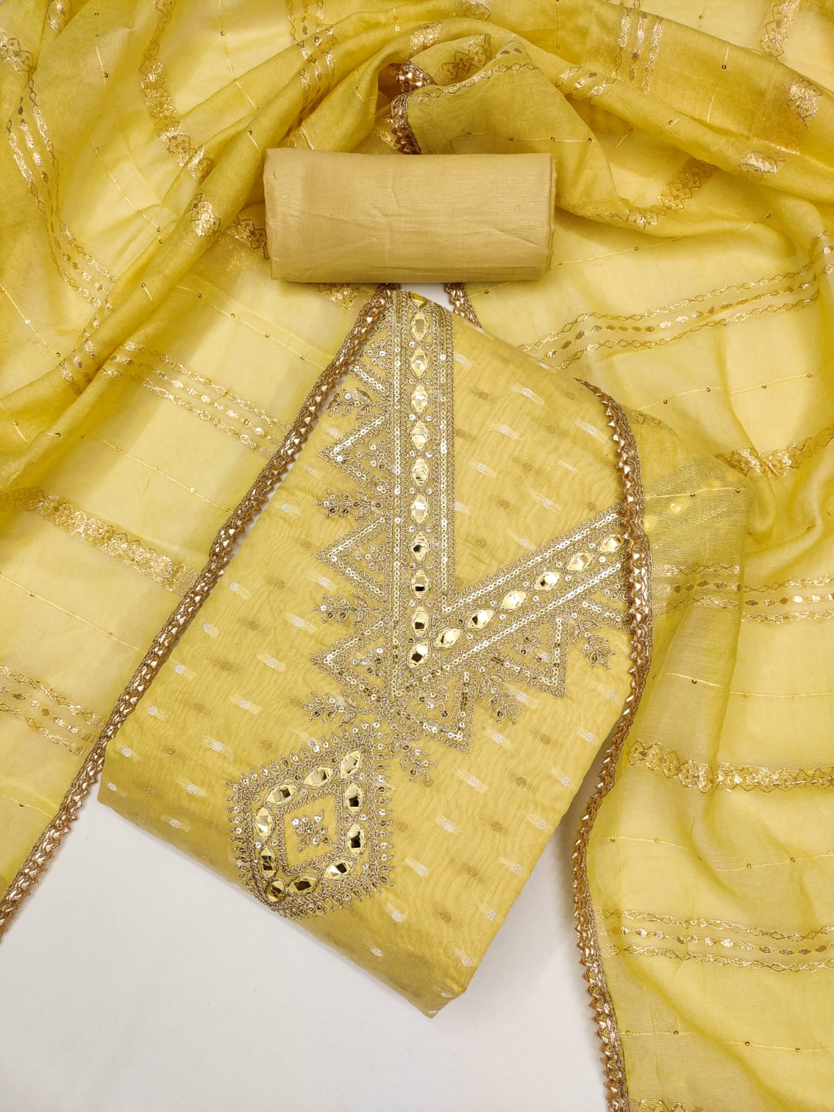 Silk Embroidered Suit Set with Gota Work and Dyeable Dupatta