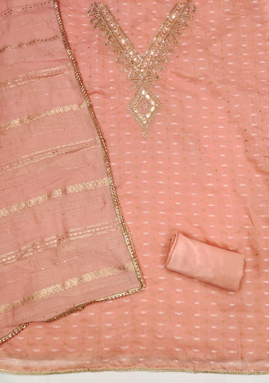Silk Embroidered Suit Set with Gota Work and Dyeable Dupatta