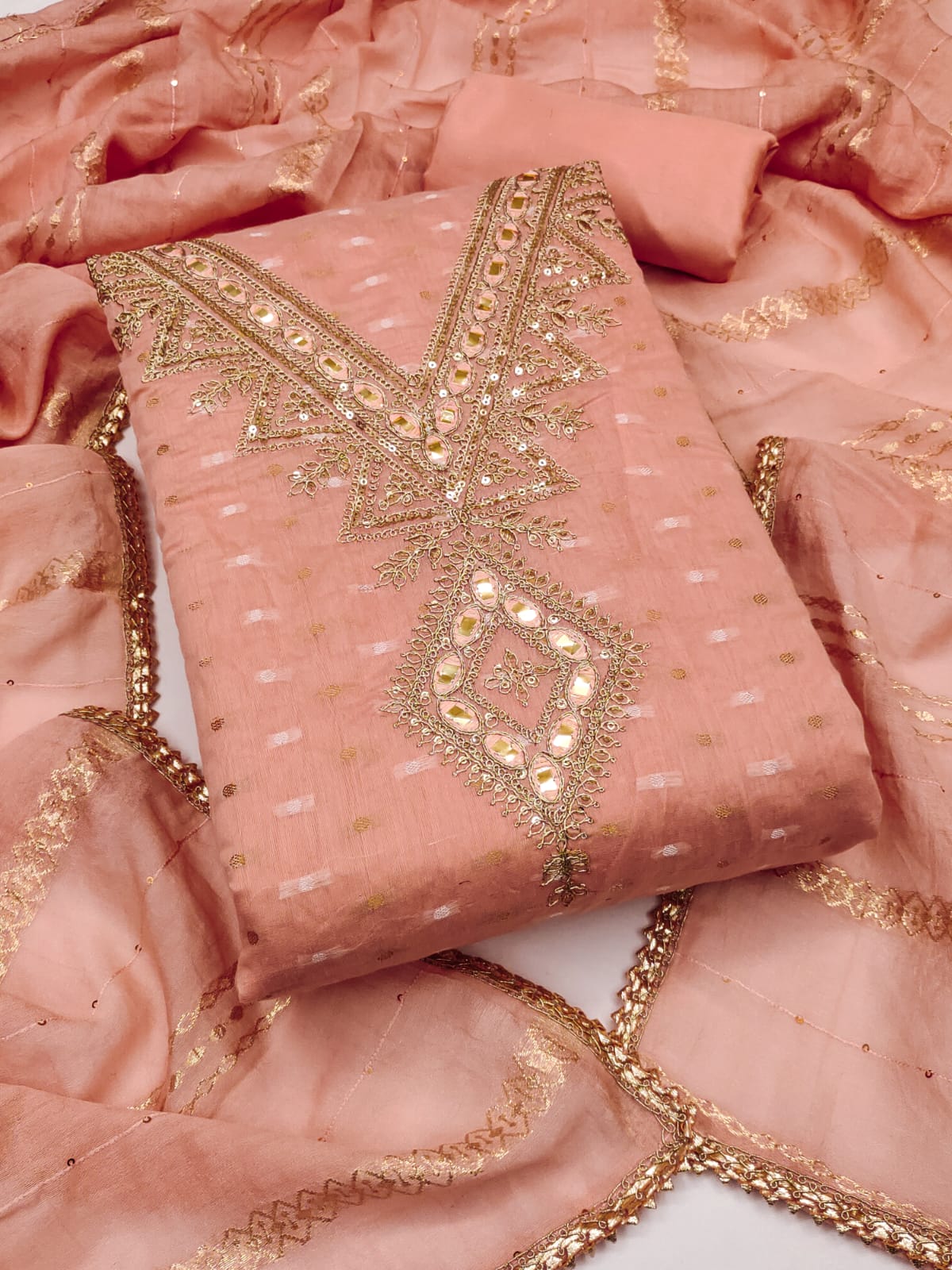 Silk Embroidered Suit Set with Gota Work and Dyeable Dupatta