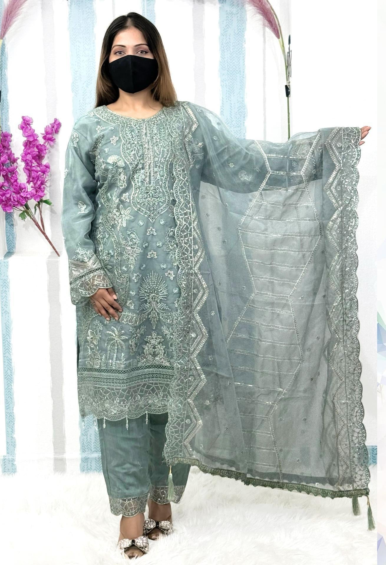 Pakistani Readymade Organza Kurti Set