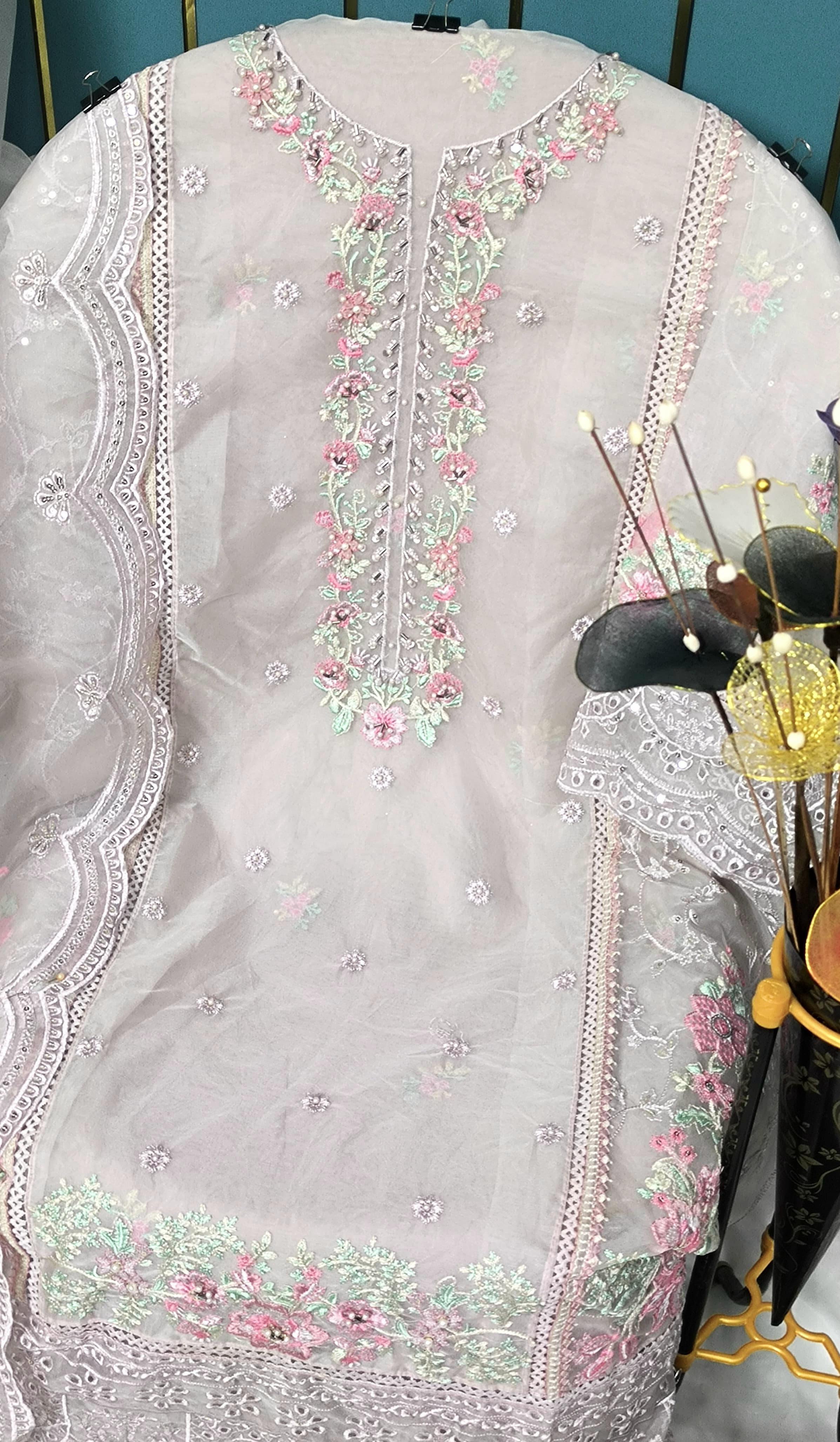 Premium Semi-Stitched Organza Suit with Hand Khatli Work - Semi Stitched