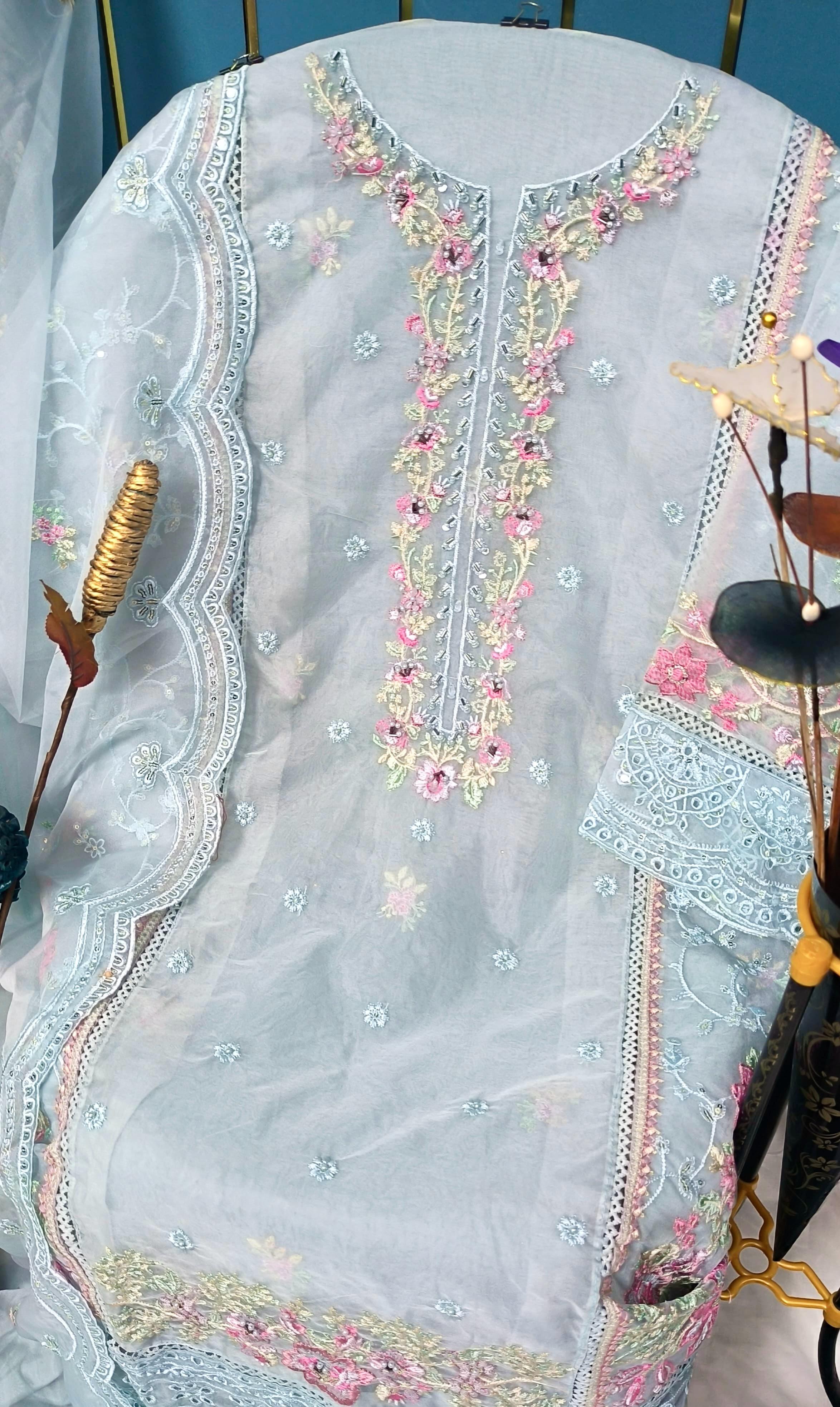 Premium Semi-Stitched Organza Suit with Hand Khatli Work - Semi Stitched