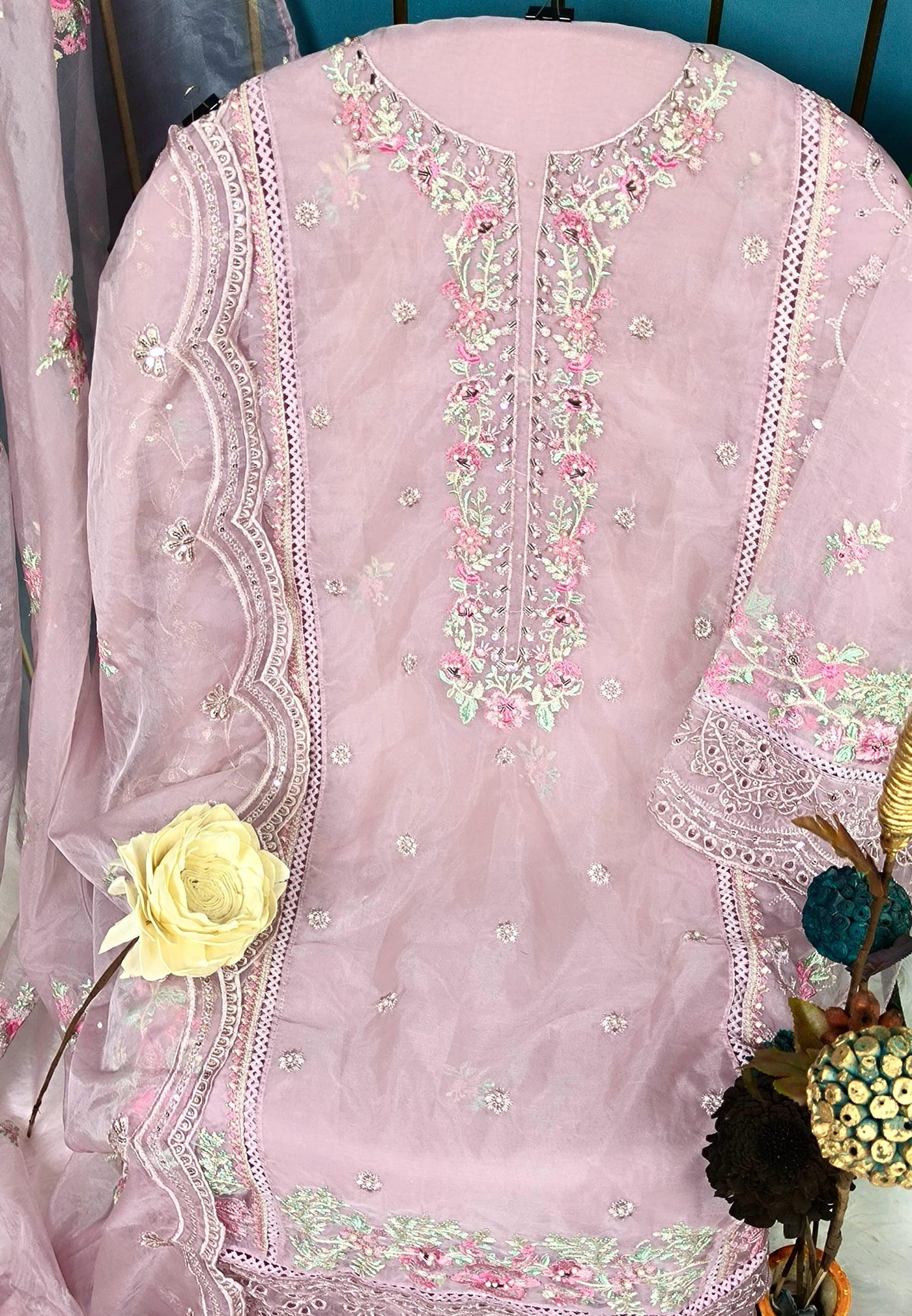 Premium Semi-Stitched Organza Suit with Hand Khatli Work - Semi Stitched