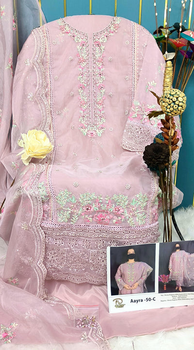 Premium Semi-Stitched Organza Suit with Hand Khatli Work - Semi Stitched