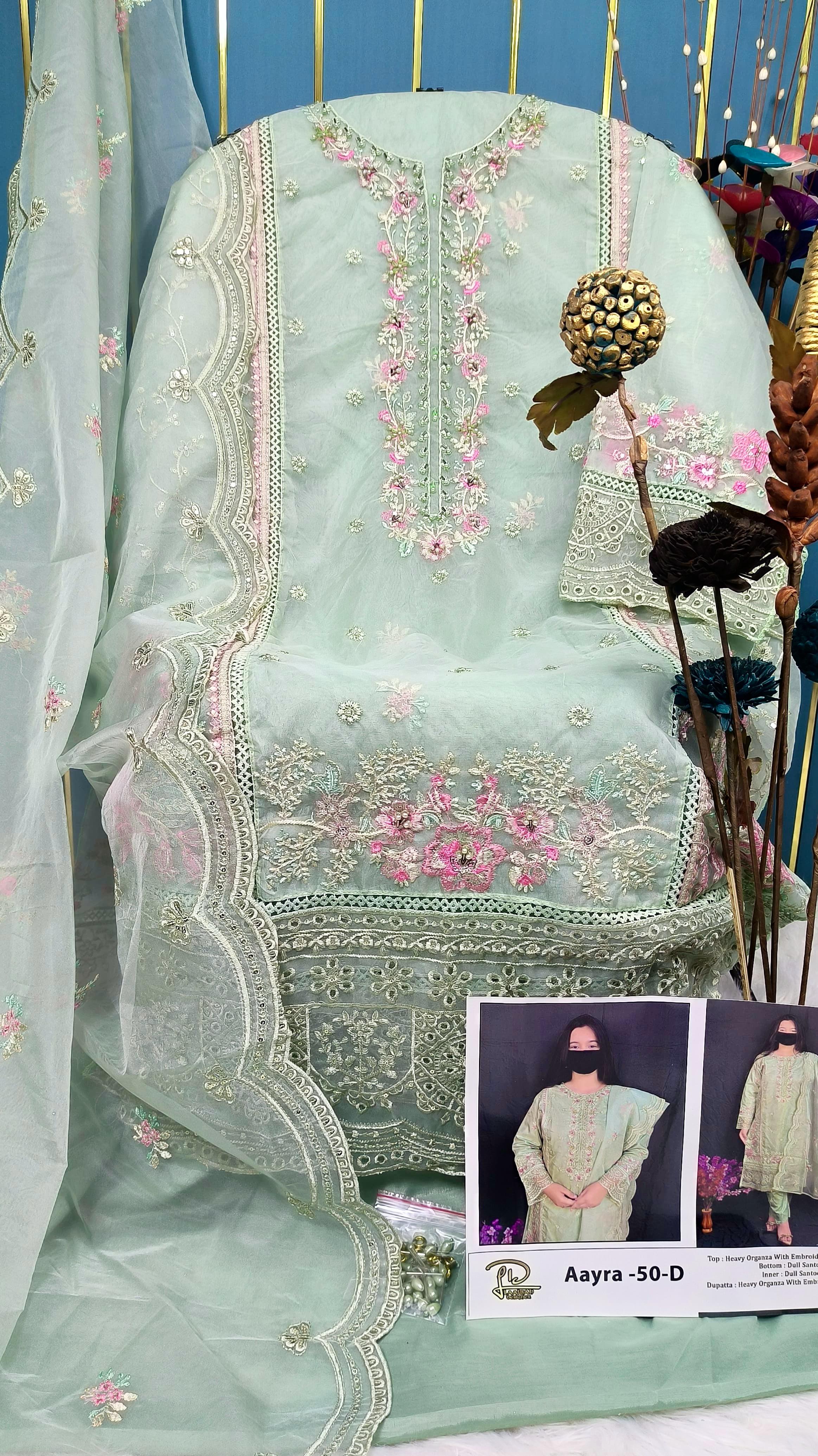 Premium Semi-Stitched Organza Suit with Hand Khatli Work - Semi Stitched