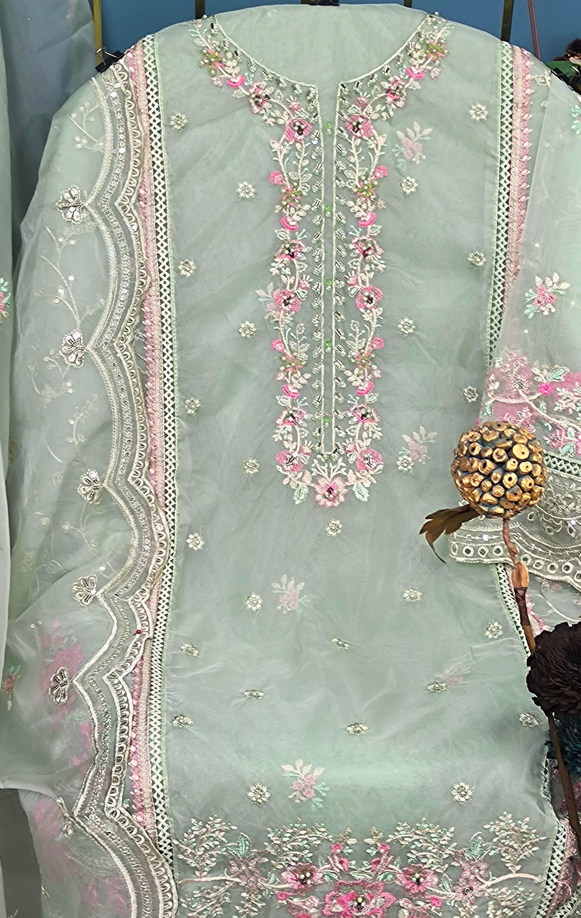 Premium Semi-Stitched Organza Suit with Hand Khatli Work - Semi Stitched