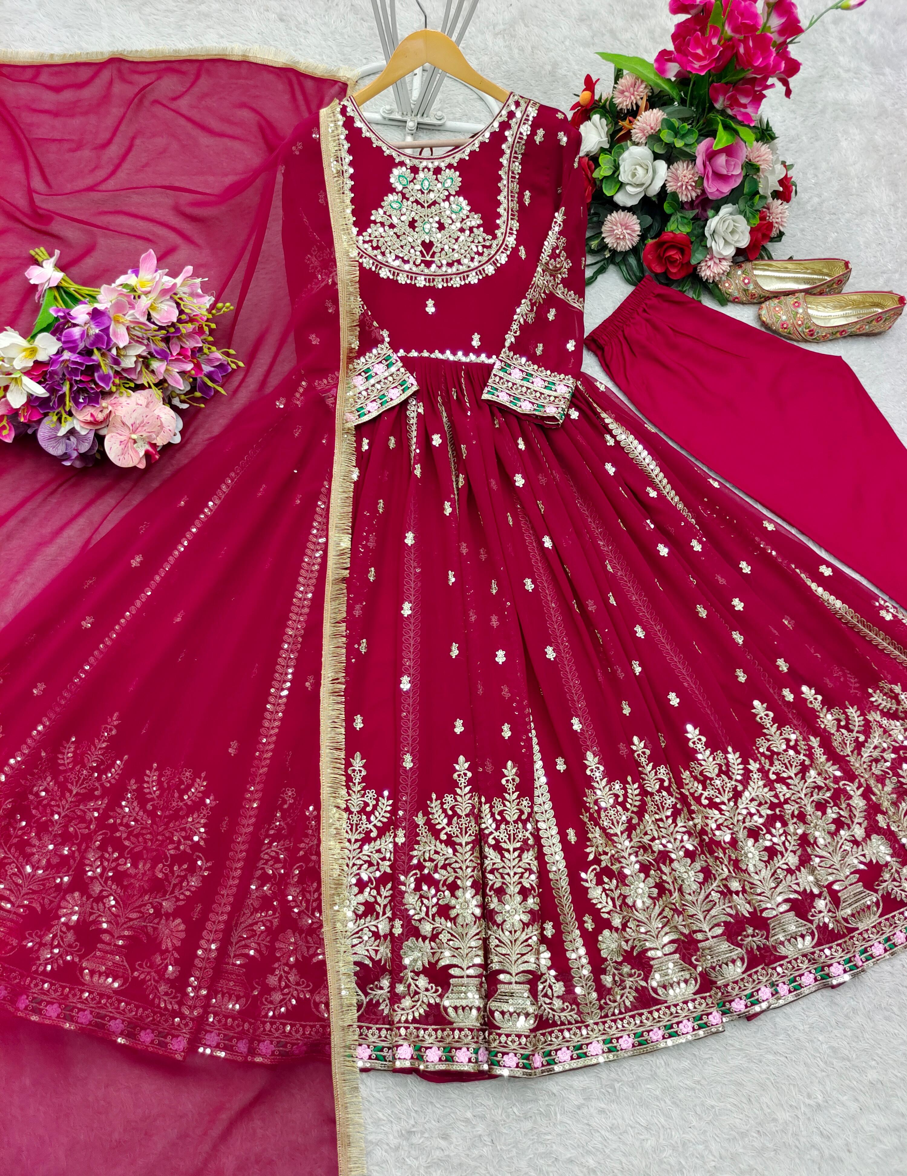 Pure Blooming Georgette Gown Set with Pant & Dupatta – Fully Stitched & Ready to Wear