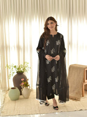💫 Designer Roman Silk Suit Set with Embroidered Top & Silver Chiffon Dupatta – LG-1951 💫