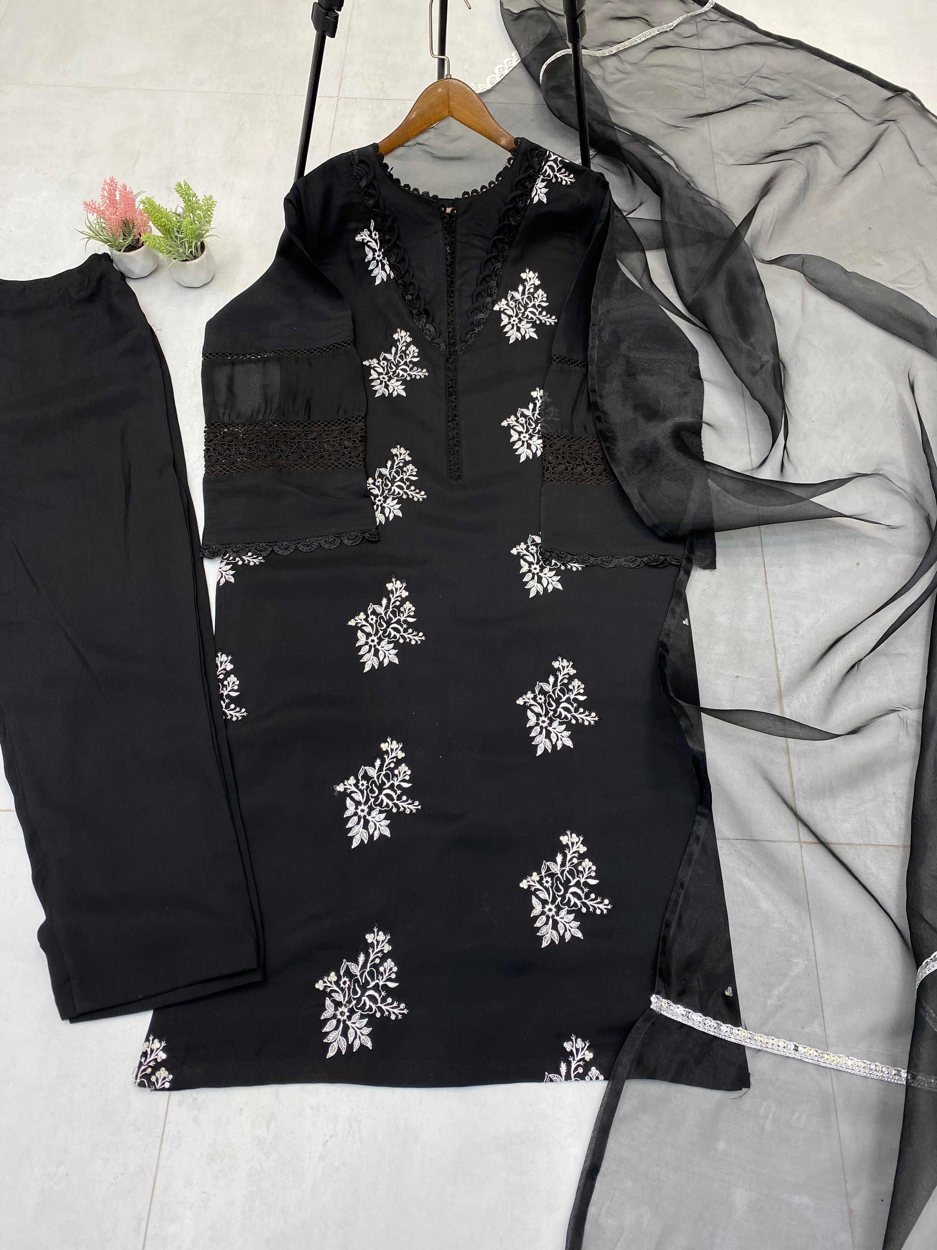 💫 Designer Roman Silk Suit Set with Embroidered Top & Silver Chiffon Dupatta – LG-1951 💫
