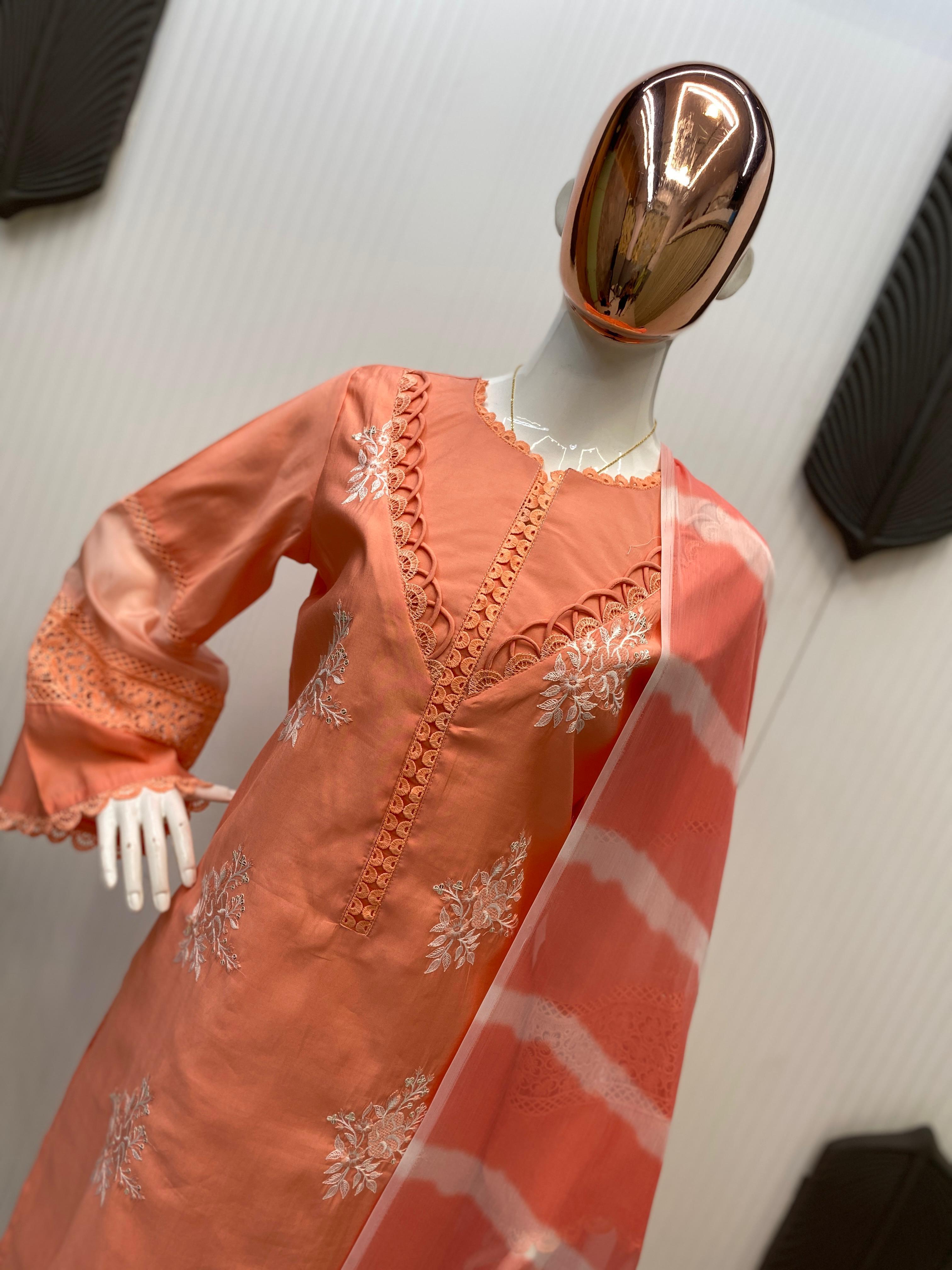 💫 Designer Roman Silk Suit Set with Embroidered Top & Silver Chiffon Dupatta – LG-1951 💫
