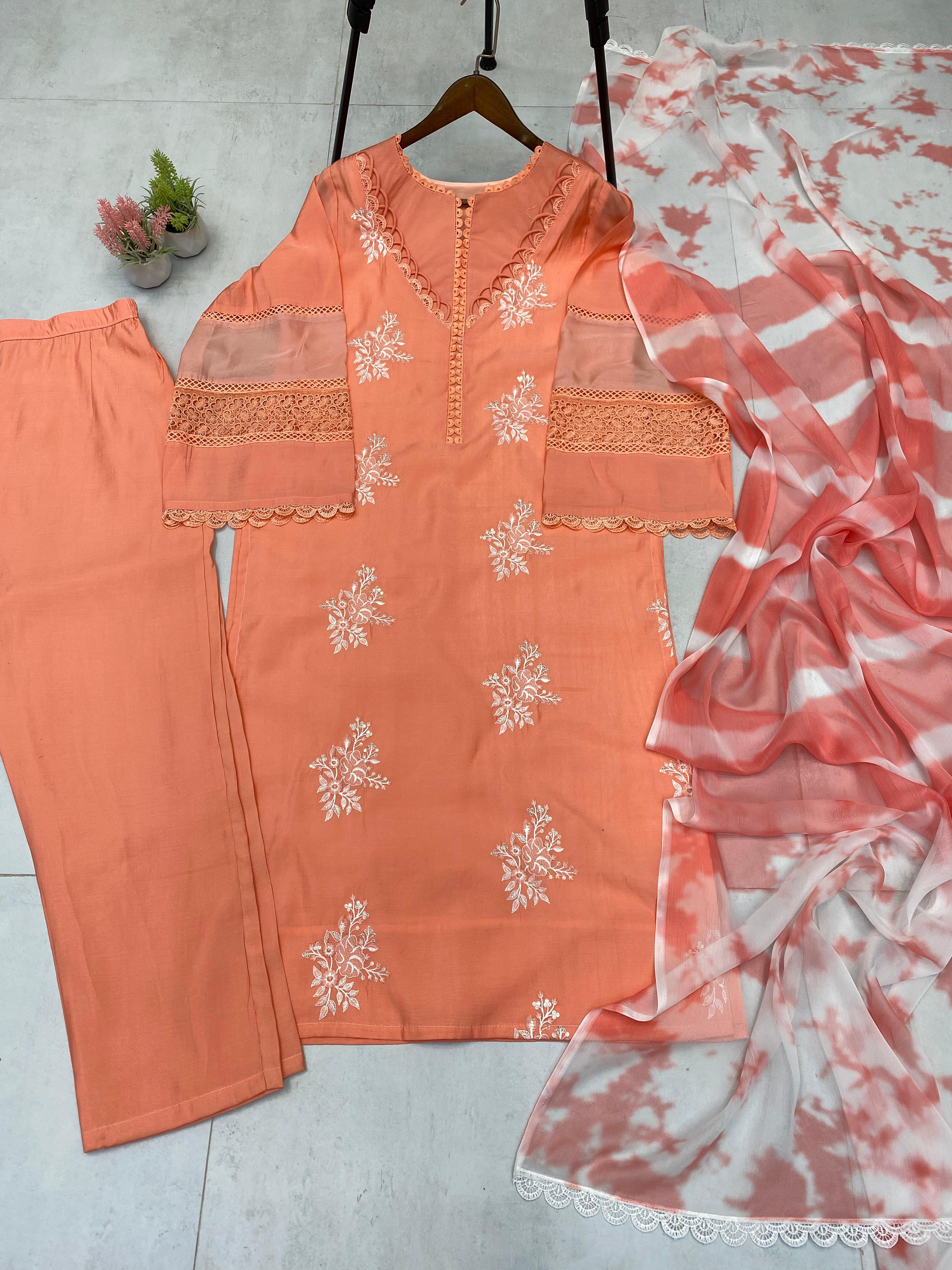 💫 Designer Roman Silk Suit Set with Embroidered Top & Silver Chiffon Dupatta – LG-1951 💫