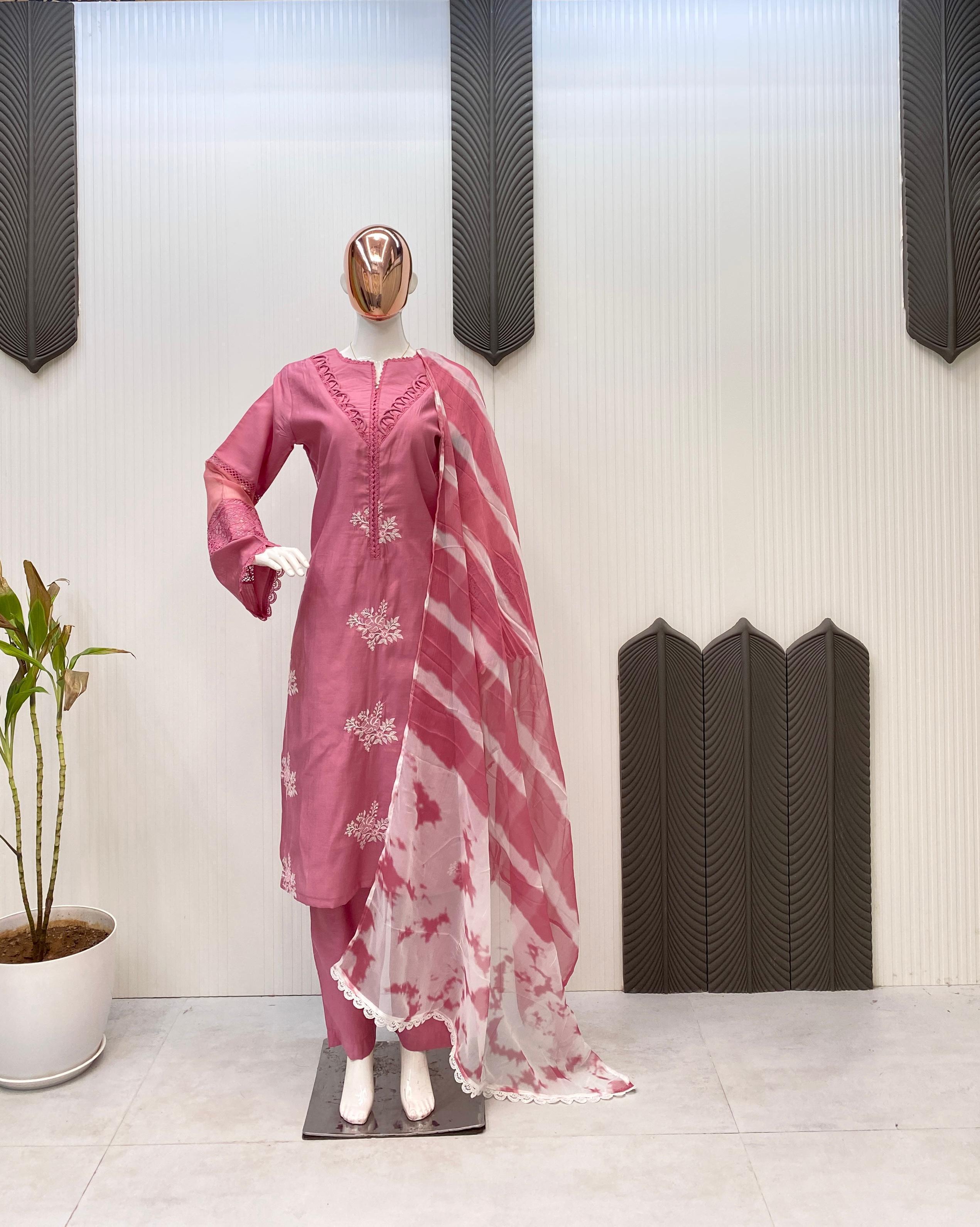 💫 Designer Roman Silk Suit Set with Embroidered Top & Silver Chiffon Dupatta – LG-1951 💫