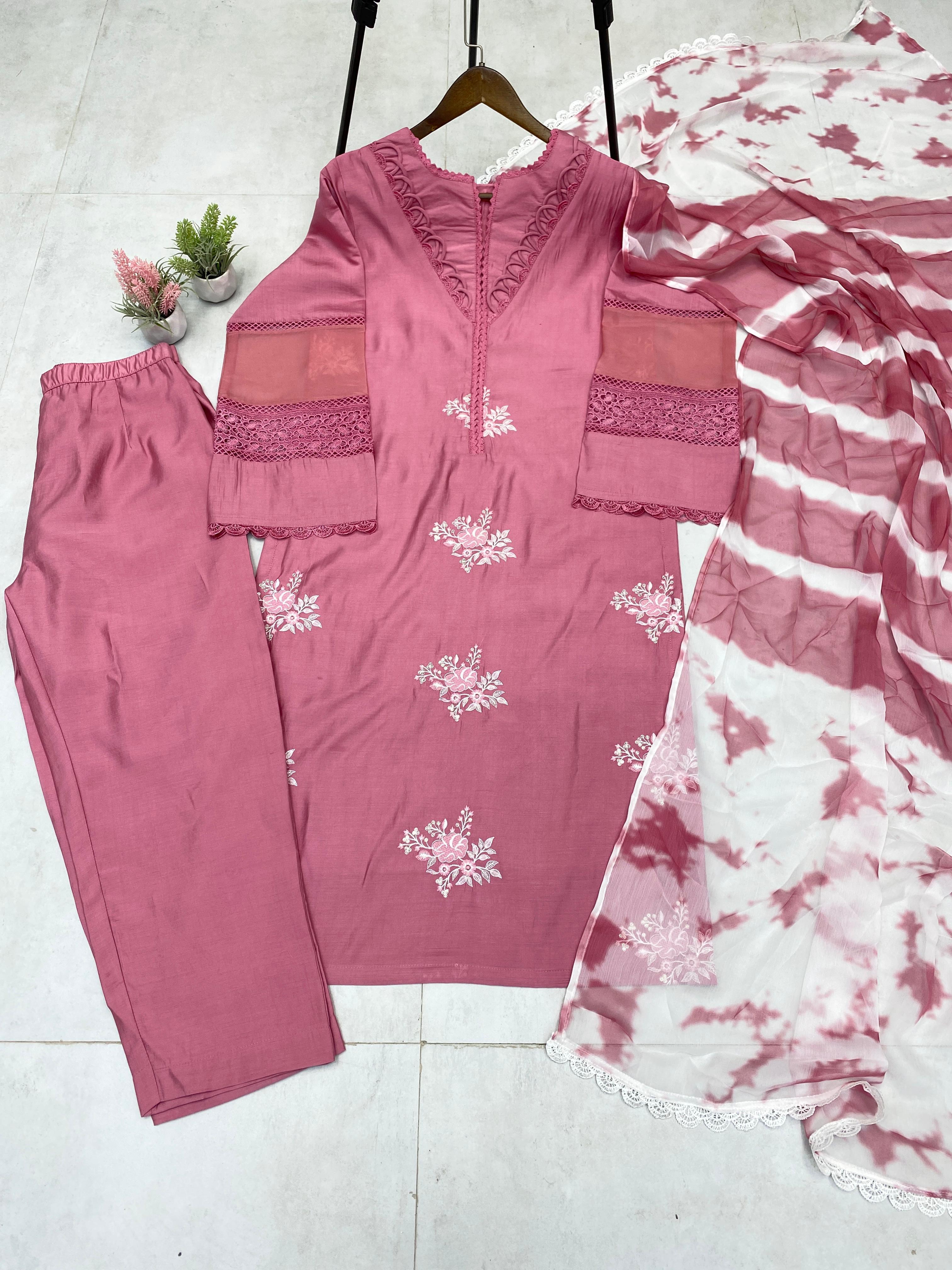 💫 Designer Roman Silk Suit Set with Embroidered Top & Silver Chiffon Dupatta – LG-1951 💫