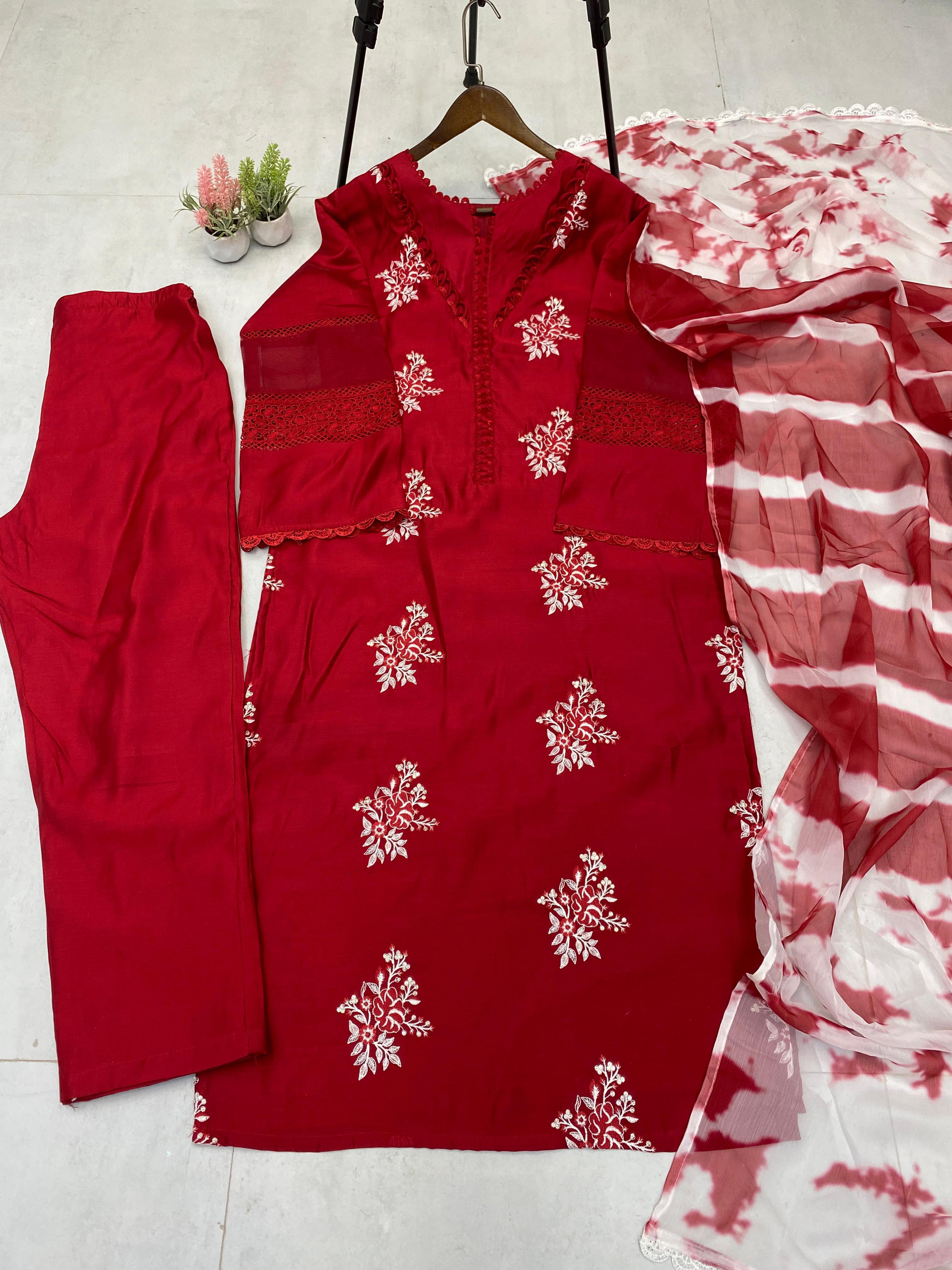 💫 Designer Roman Silk Suit Set with Embroidered Top & Silver Chiffon Dupatta – LG-1951 💫