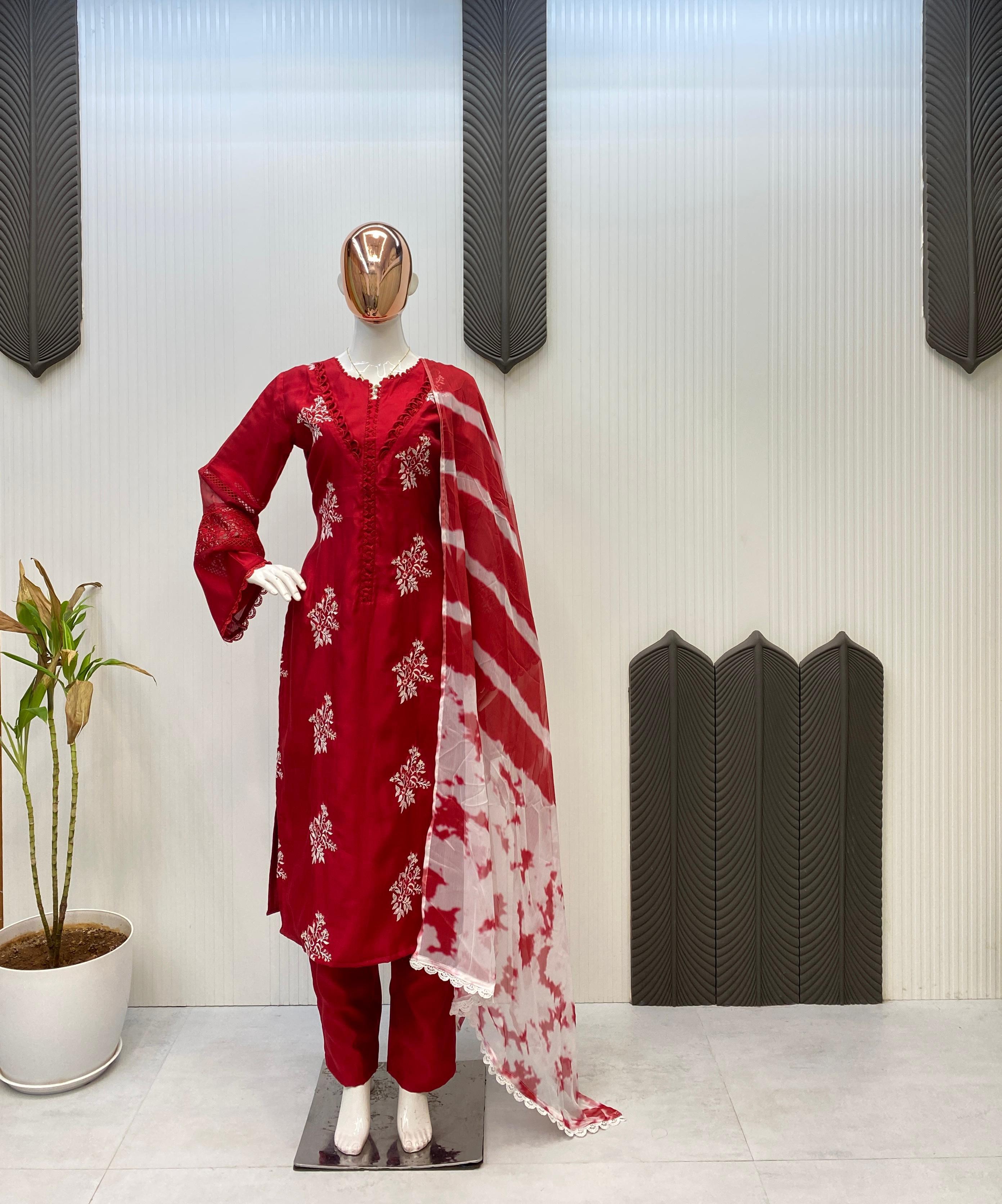 💫 Designer Roman Silk Suit Set with Embroidered Top & Silver Chiffon Dupatta – LG-1951 💫