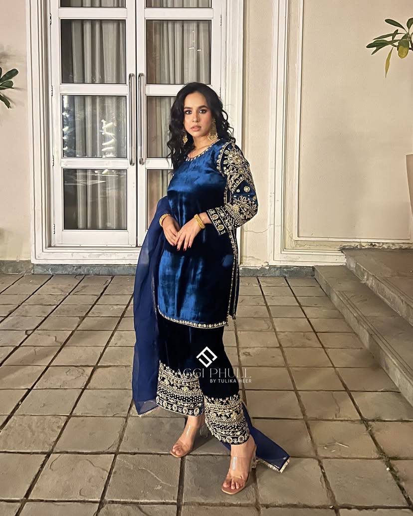 🌟 Regal Velvet Kurti-Plazzo Set with Sequins Embroidery & Georgette Dupatta 🌟