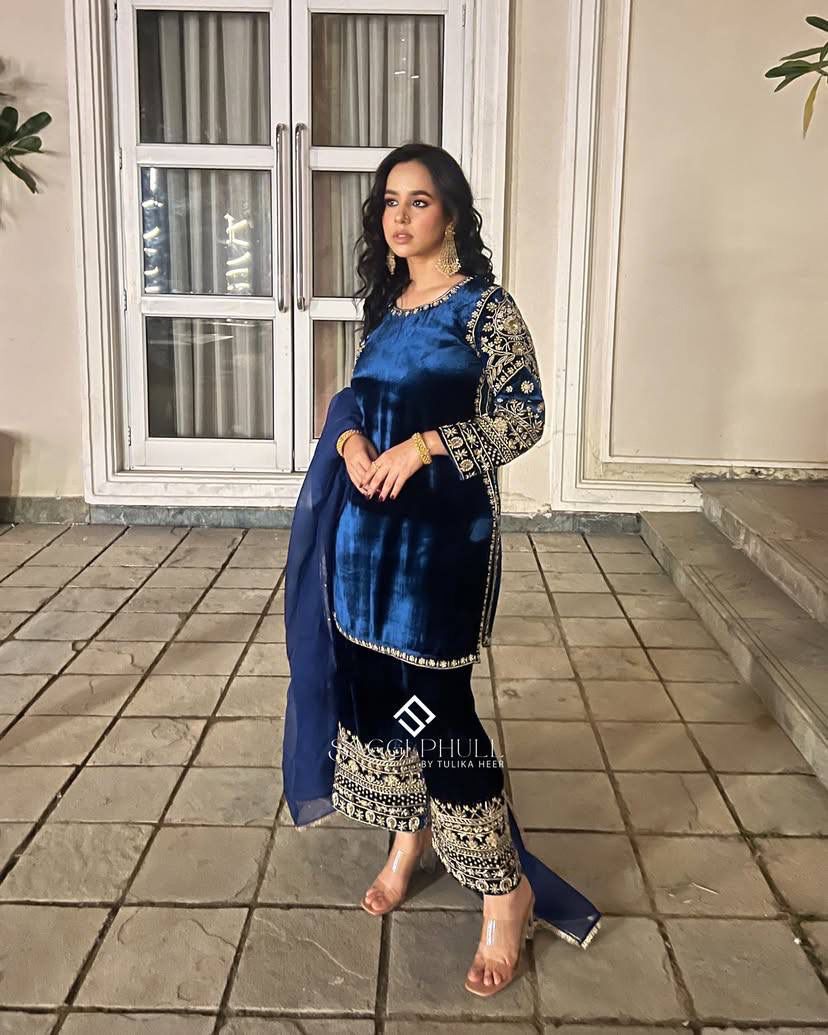 🌟 Regal Velvet Kurti-Plazzo Set with Sequins Embroidery & Georgette Dupatta 🌟
