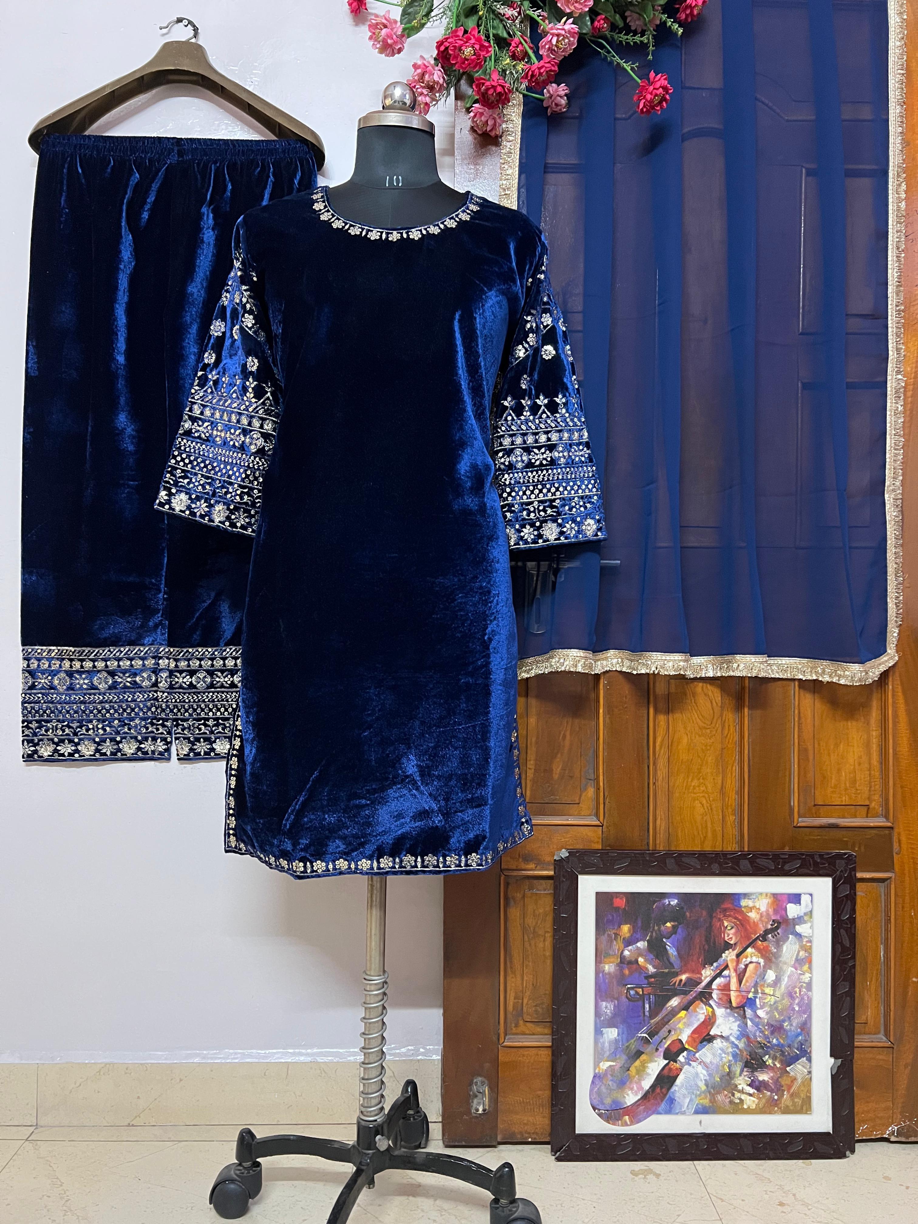 🌟 Regal Velvet Kurti-Plazzo Set with Sequins Embroidery & Georgette Dupatta 🌟