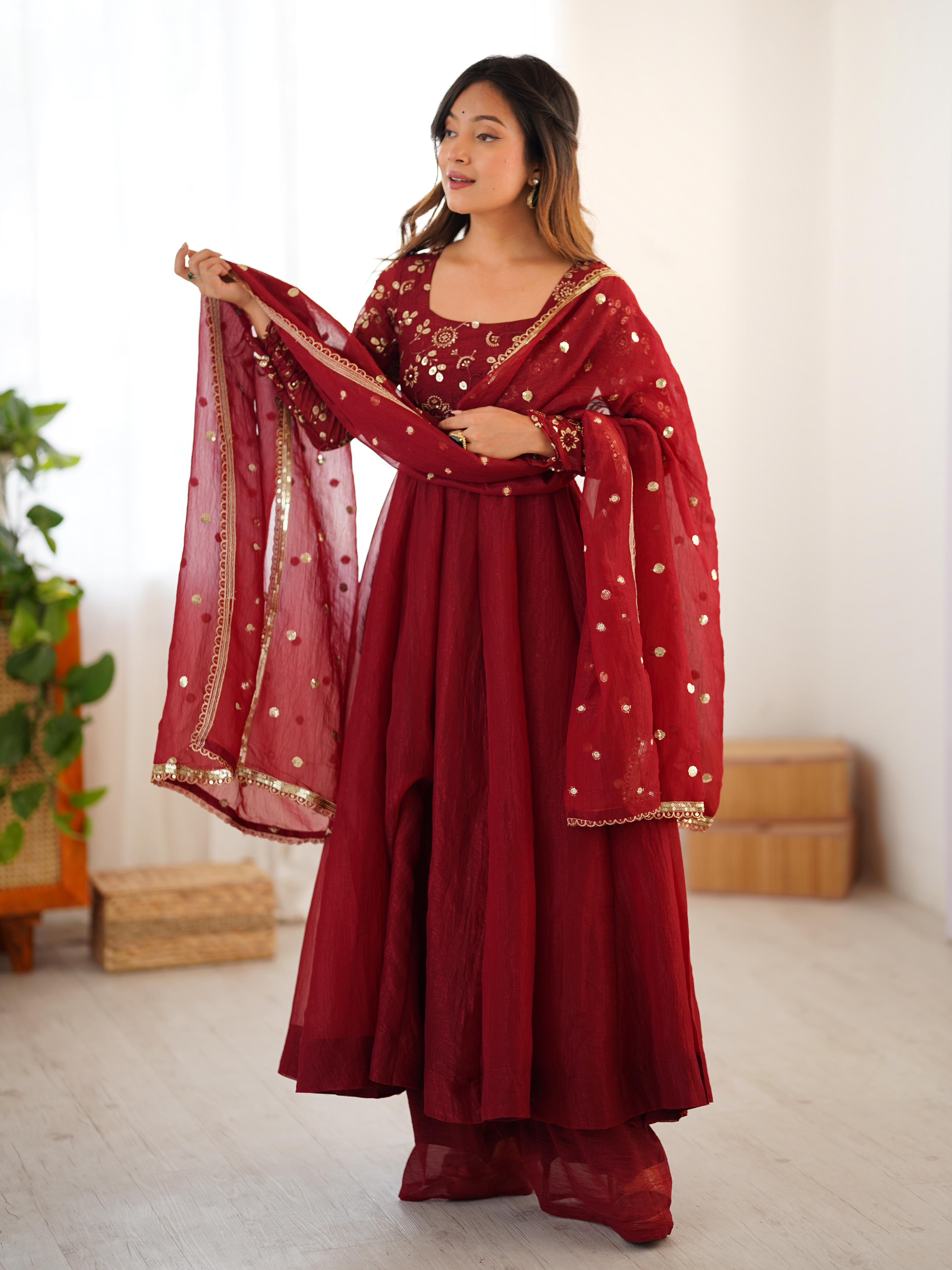 Crunchy Silk Gown with Embroidery Dupatta Set
