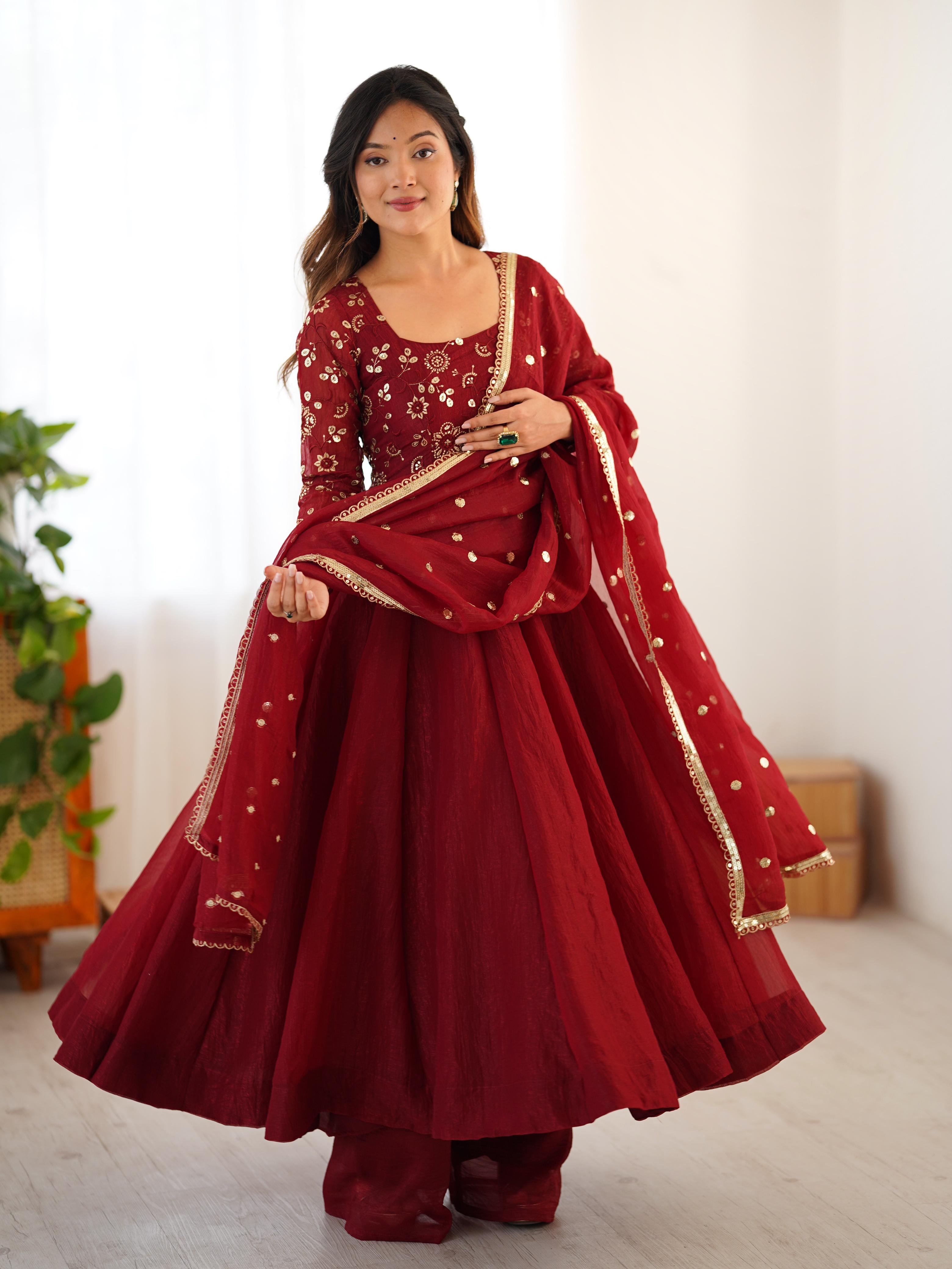 Crunchy Silk Gown with Embroidery Dupatta Set