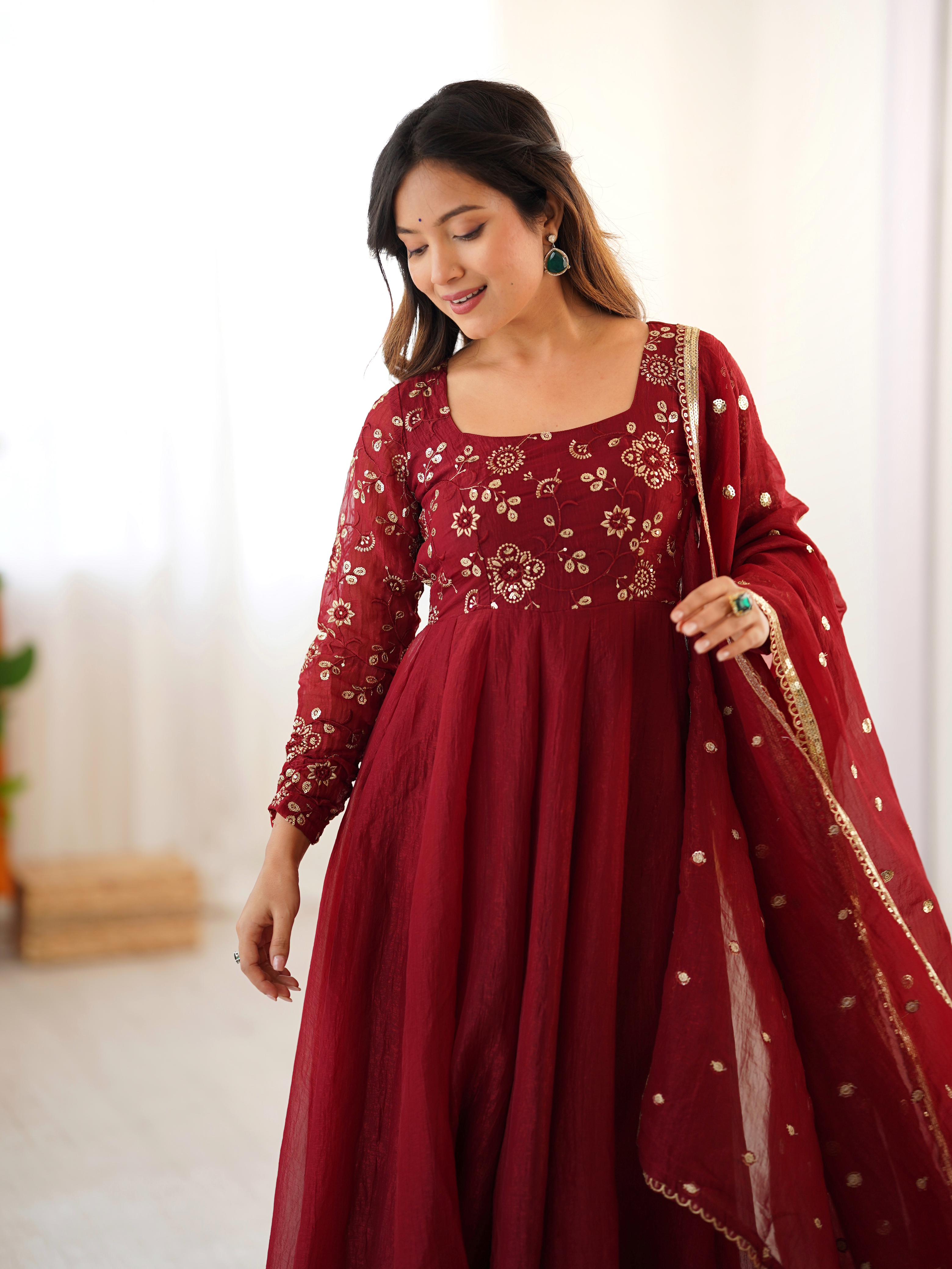 Crunchy Silk Gown with Embroidery Dupatta Set