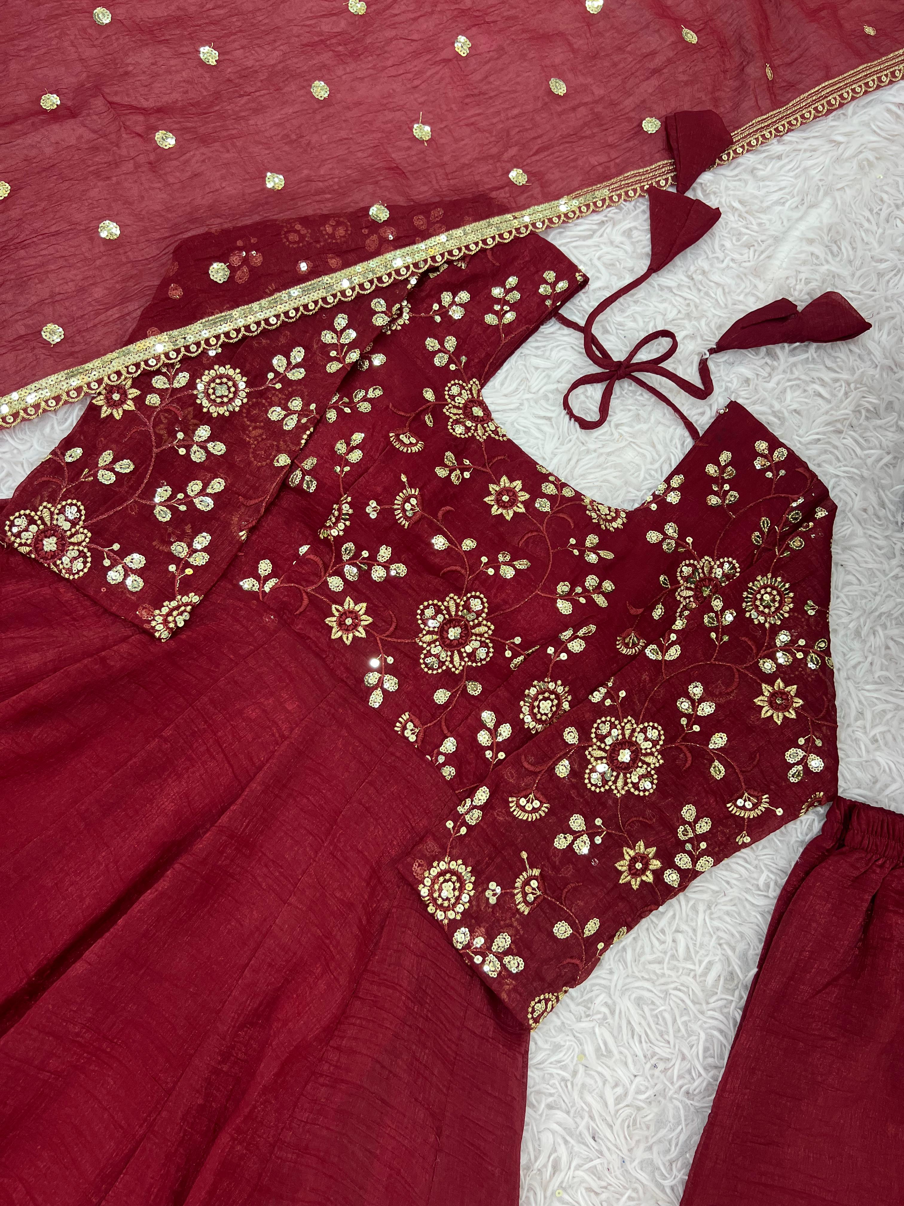 Crunchy Silk Gown with Embroidery Dupatta Set