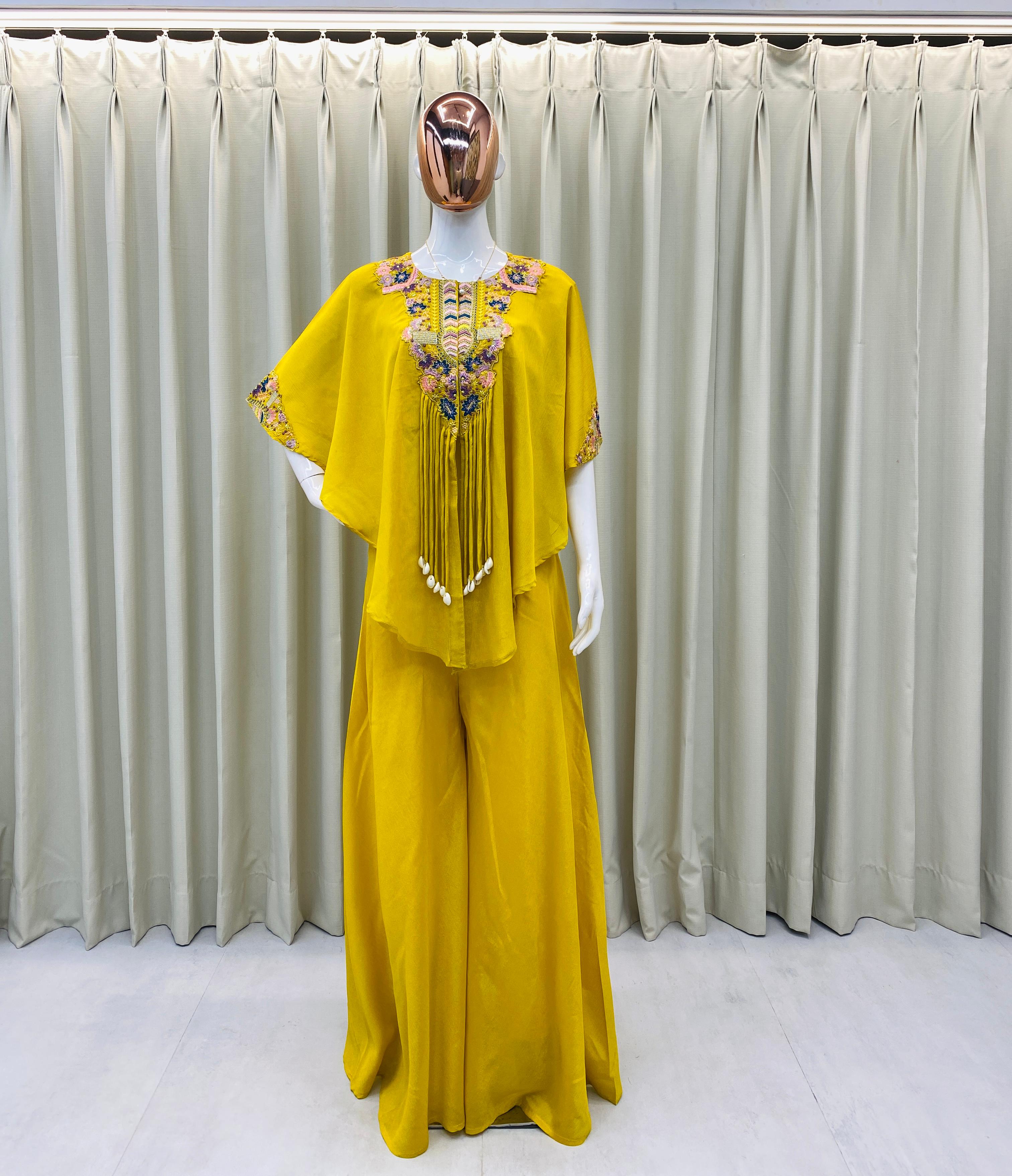Trendy Indo-Western Three-Piece Set | Sequence Embroidered Chinon Blouse, Top & Plazzo
