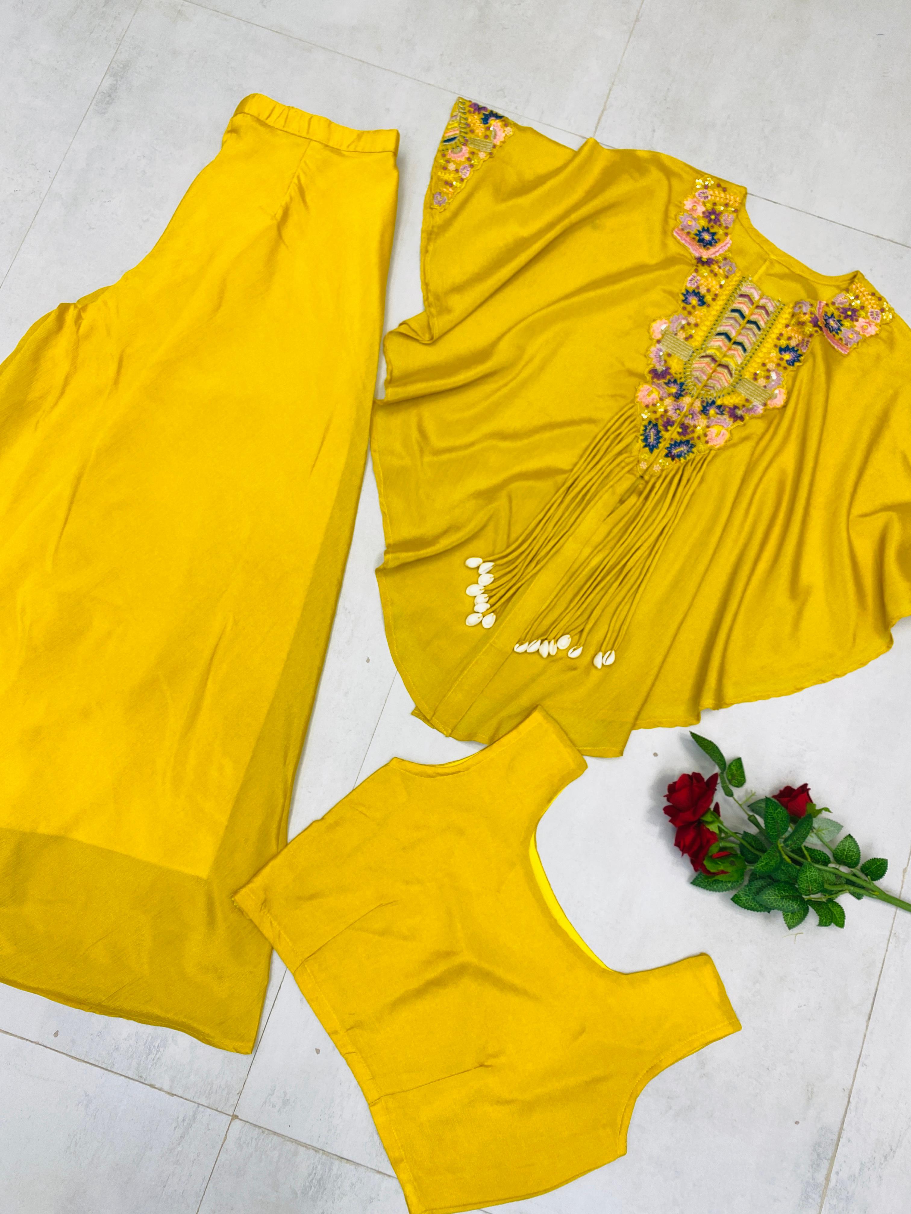 Trendy Indo-Western Three-Piece Set | Sequence Embroidered Chinon Blouse, Top & Plazzo