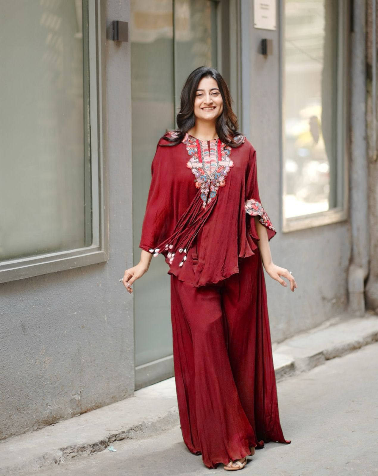 Trendy Indo-Western Three-Piece Set | Sequence Embroidered Chinon Blouse, Top & Plazzo