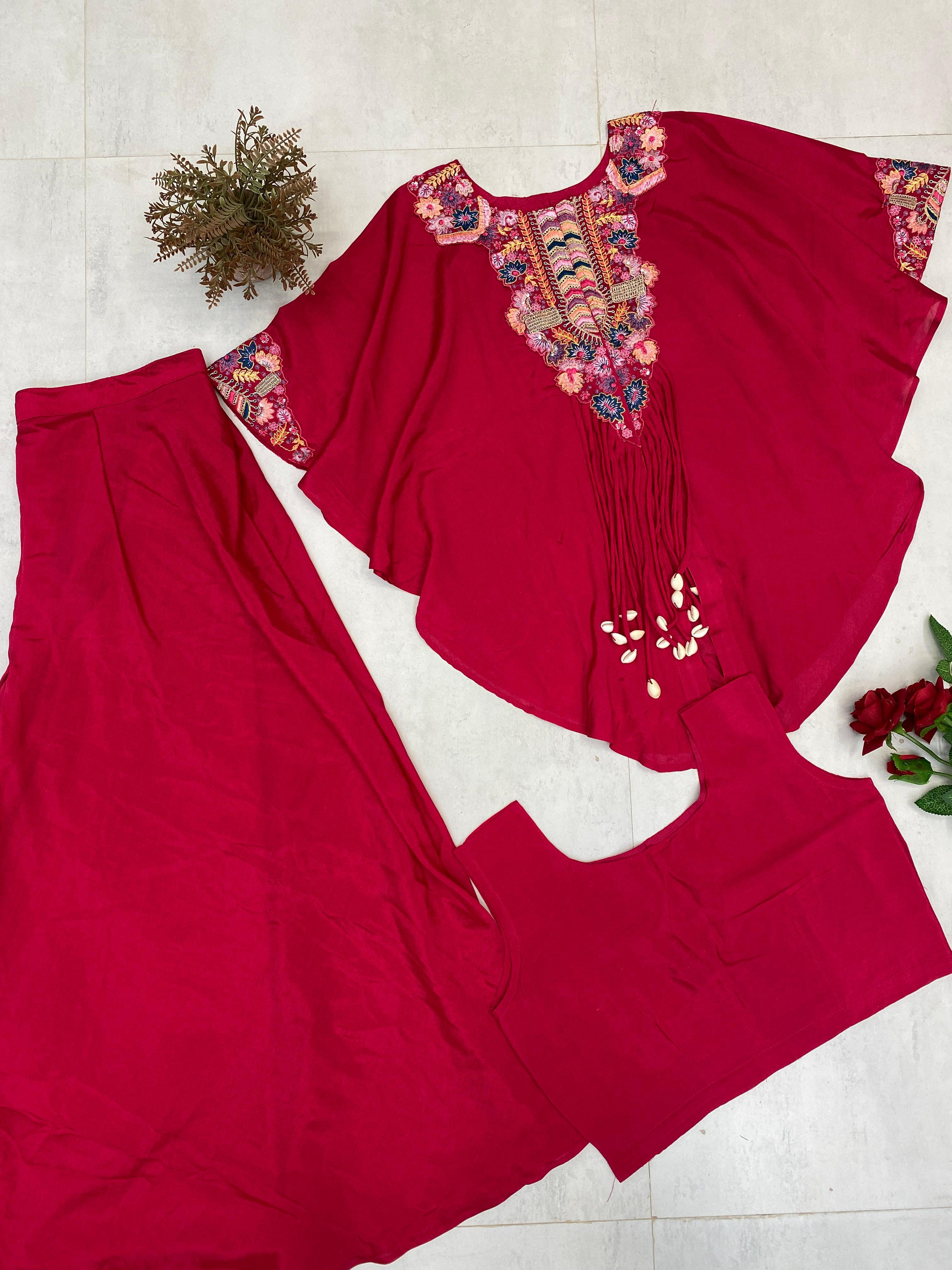 Trendy Indo-Western Three-Piece Set | Sequence Embroidered Chinon Blouse, Top & Plazzo