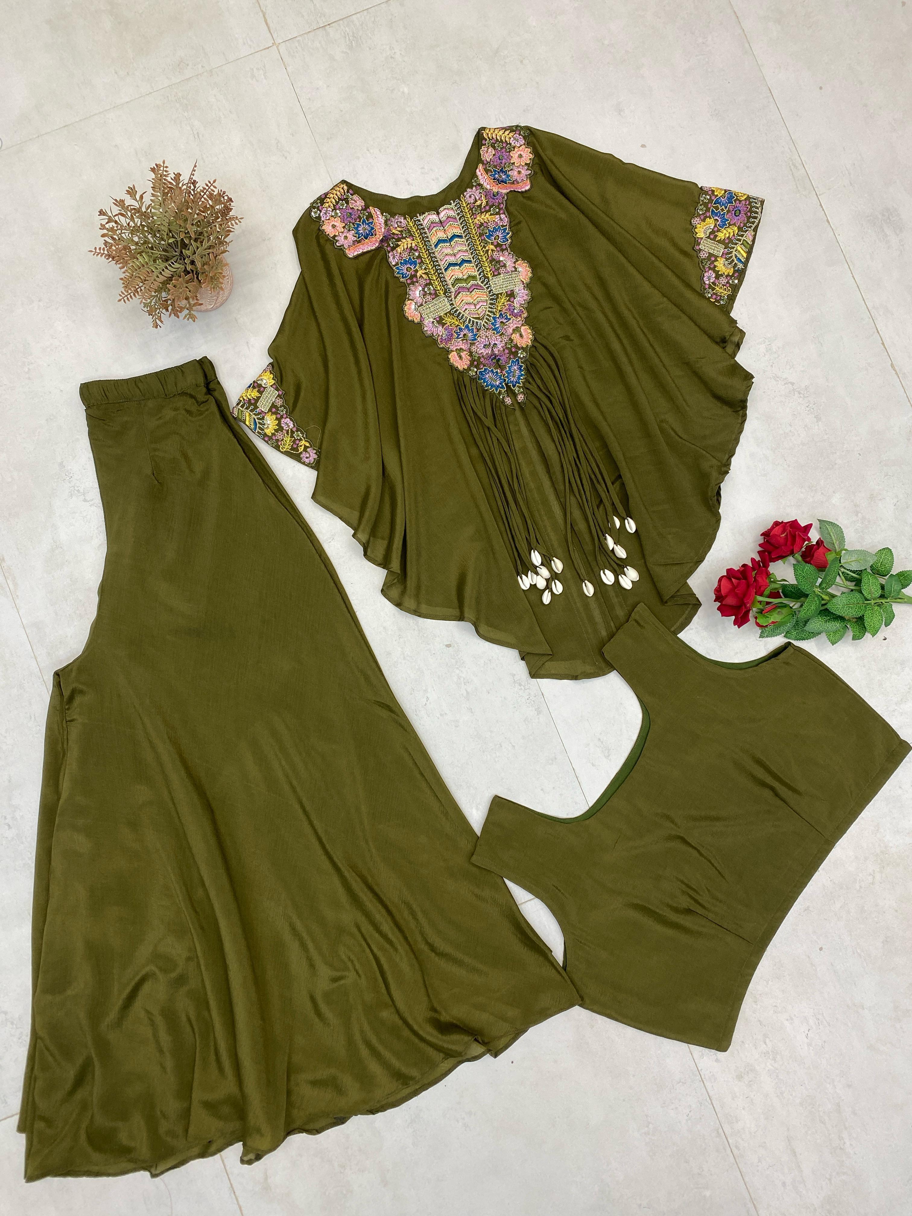Trendy Indo-Western Three-Piece Set | Sequence Embroidered Chinon Blouse, Top & Plazzo