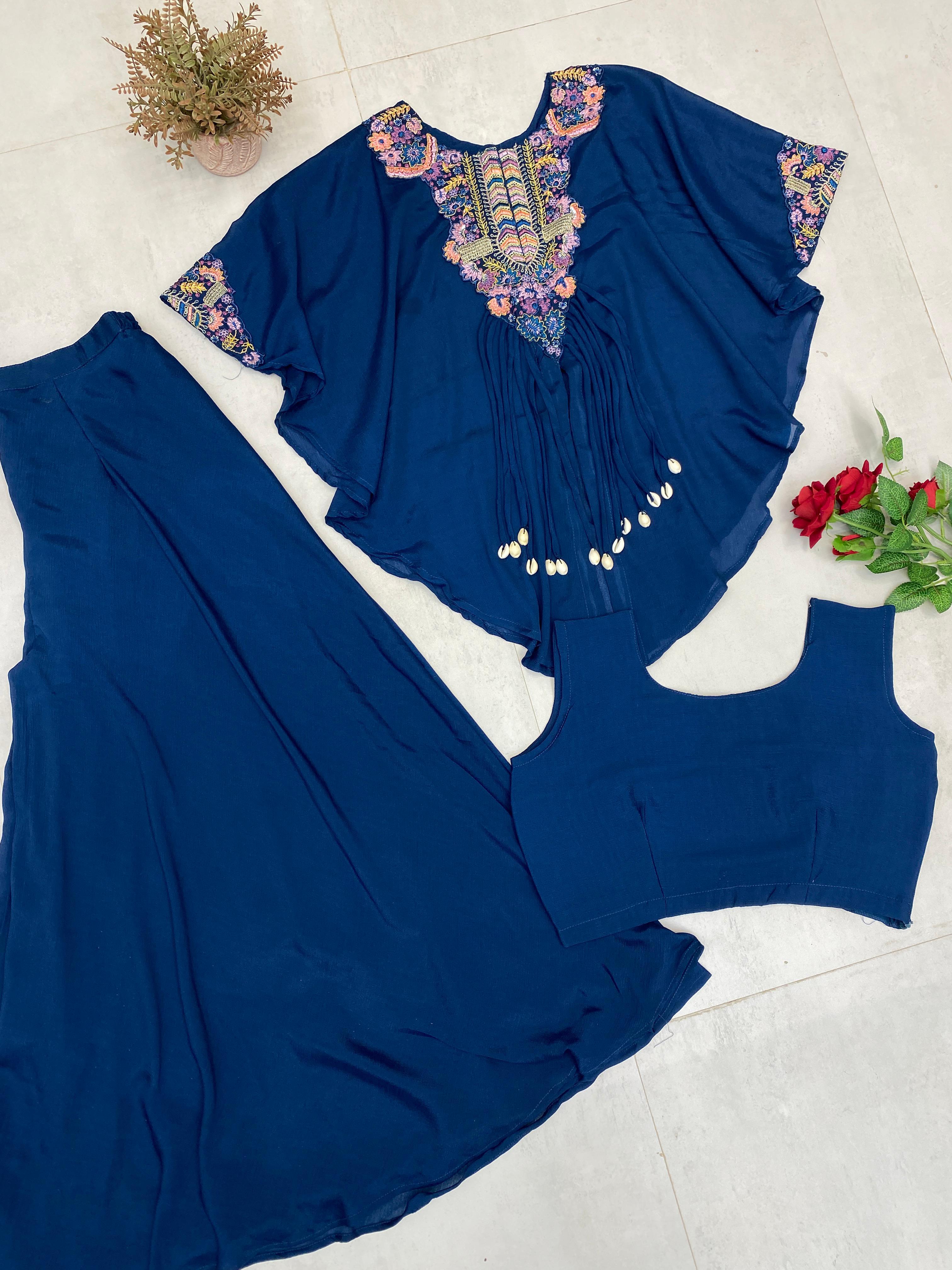 Trendy Indo-Western Three-Piece Set | Sequence Embroidered Chinon Blouse, Top & Plazzo