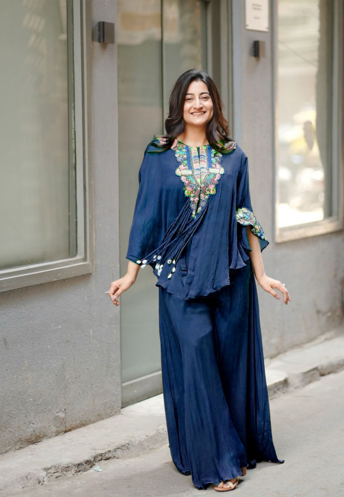Trendy Indo-Western Three-Piece Set | Sequence Embroidered Chinon Blouse, Top & Plazzo