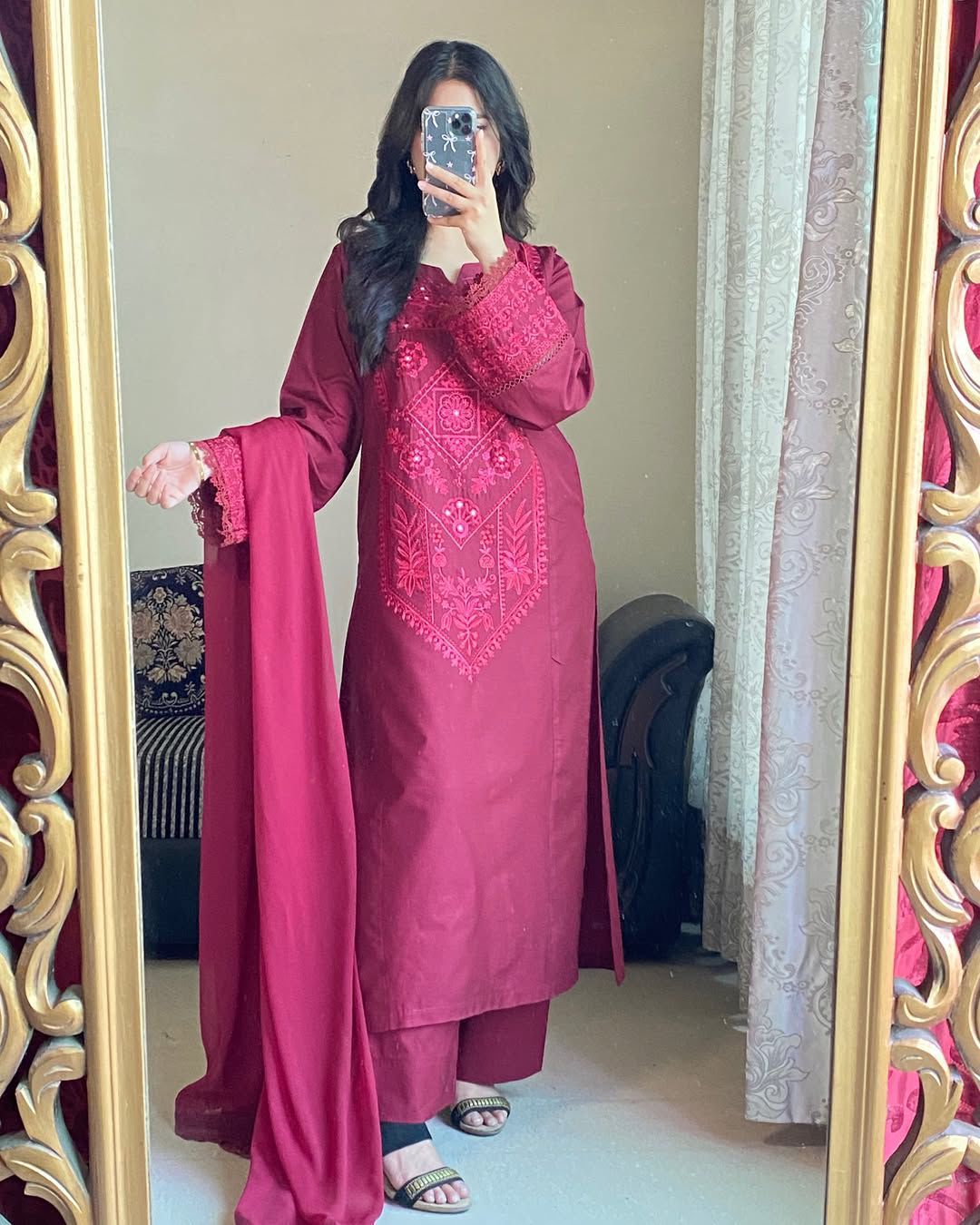 👑 Designer Roman Silk Suit Set with Embroidery & GPO Lace Dupatta – Ready to Wear 👑