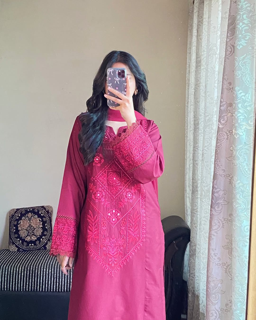 👑 Designer Roman Silk Suit Set with Embroidery & GPO Lace Dupatta – Ready to Wear 👑